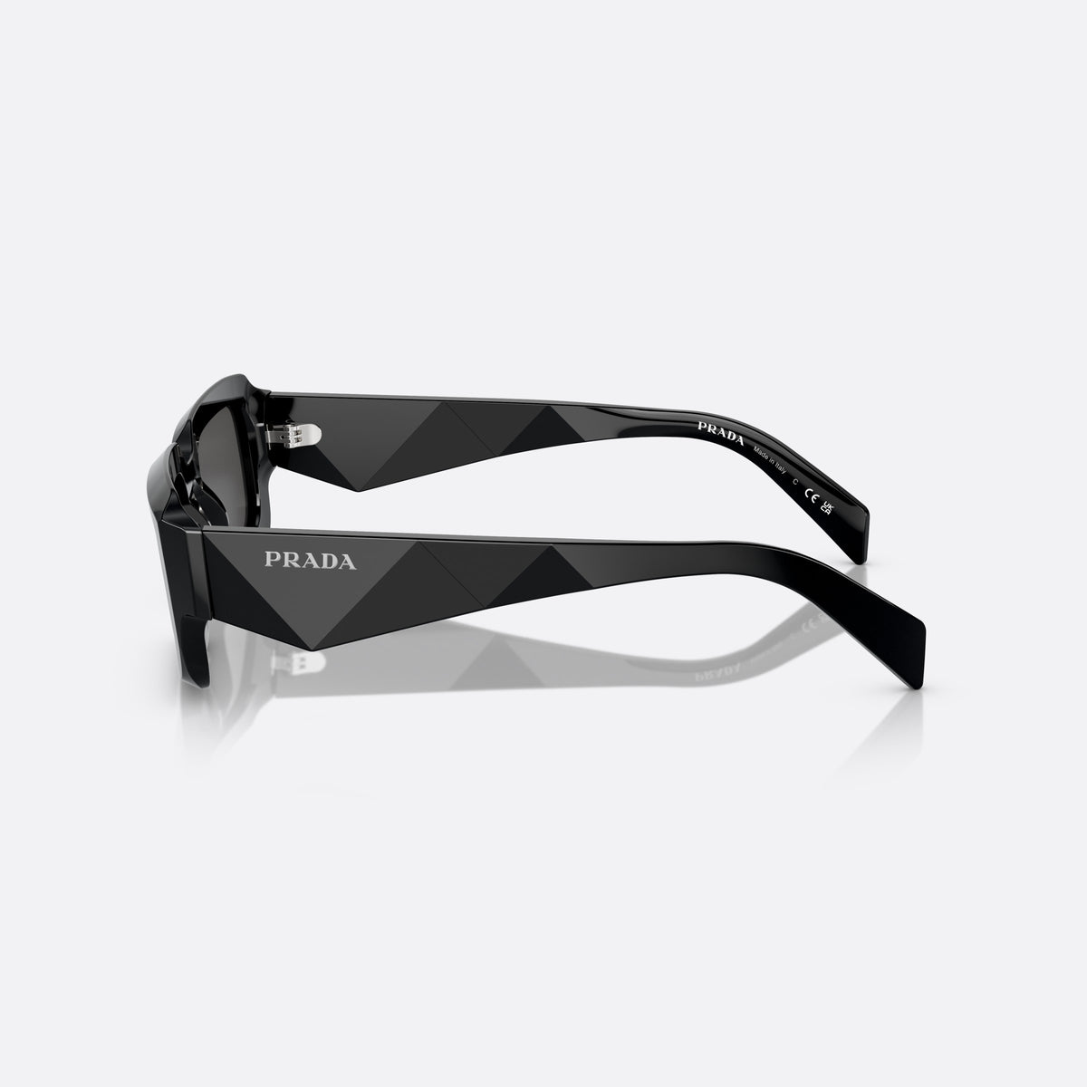 Prada PR 27ZS 16K-08Z sunglasses, black irregular frame for men, plain bridge, brand lettering on temples, full-rim frame, side view