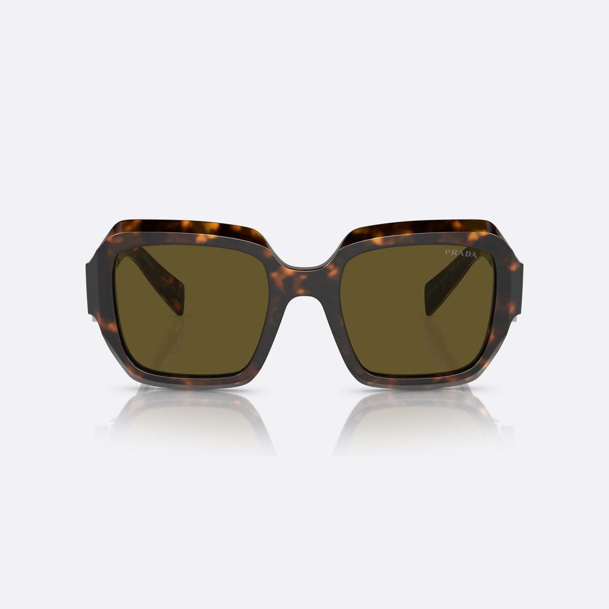 Prada PR 28ZS 14L-09Z sunglasses, green pillow frame for women, plain integrated bridge, brand lettering on temples, front view