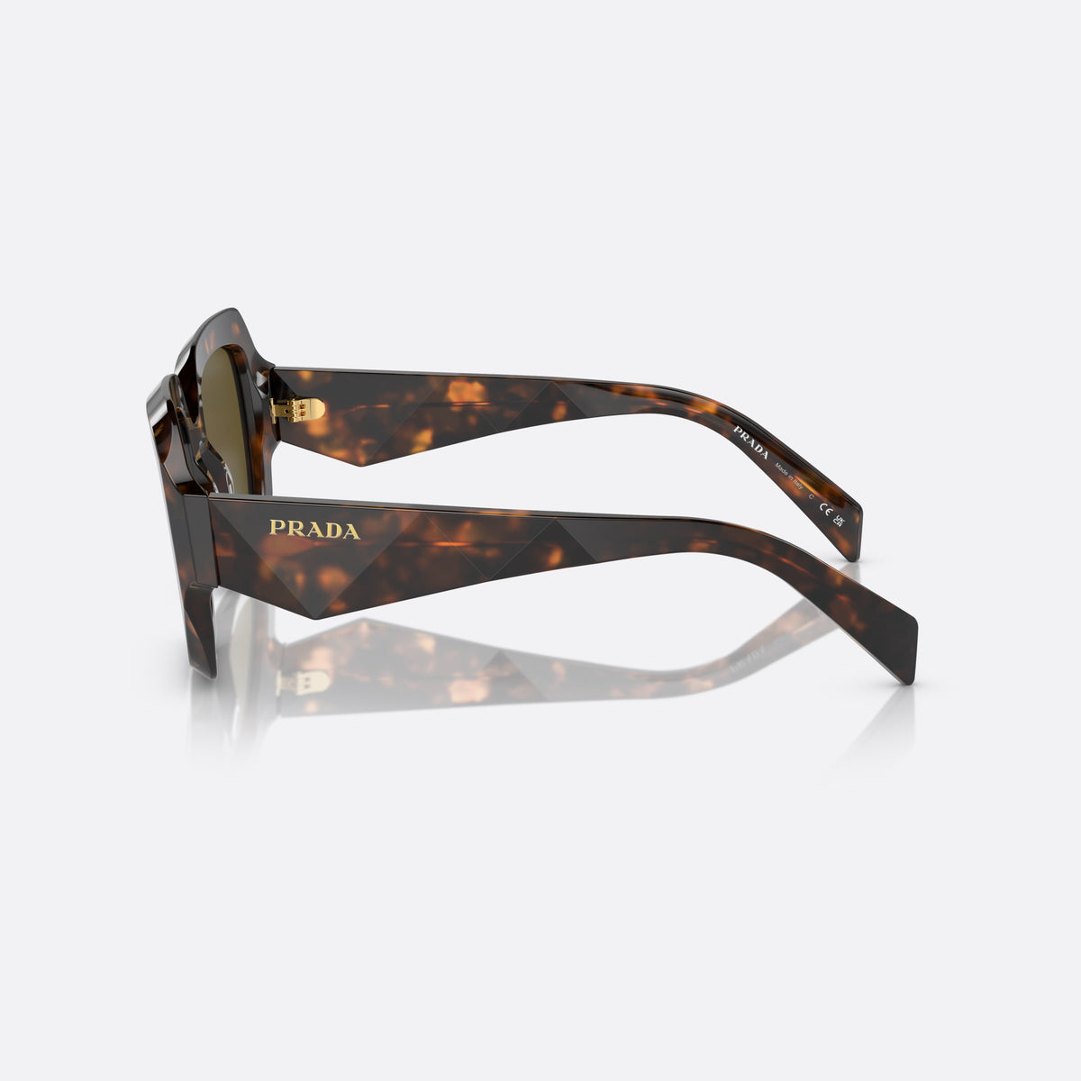 Prada PR 28ZS 14L-09Z sunglasses, green pillow frame for women, plain integrated bridge, brand lettering on temples, side view