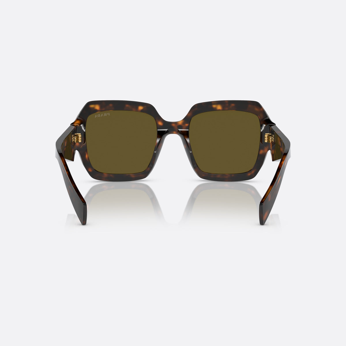 Prada PR 28ZS 14L-09Z sunglasses, green pillow frame for women, plain integrated bridge, brand lettering on temples, back view
