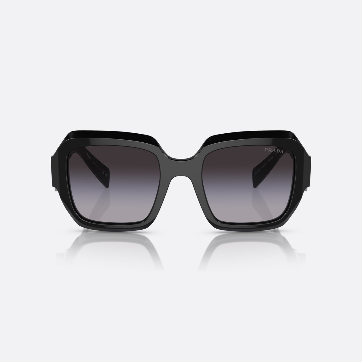 Prada PR 28ZS 16K-90A sunglasses, black pillow frame for women, plain double-arch bridge, brand lettering on the temples, front view