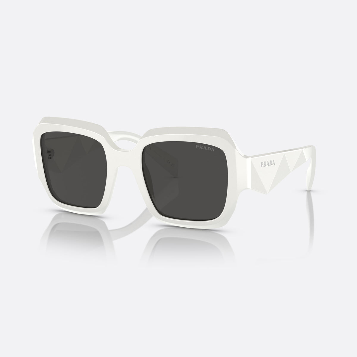 Prada PR 28ZS 17K-08Z sunglasses, white rectangle frame for women, plain bridge, brand lettering on the temples, full-rim frame
