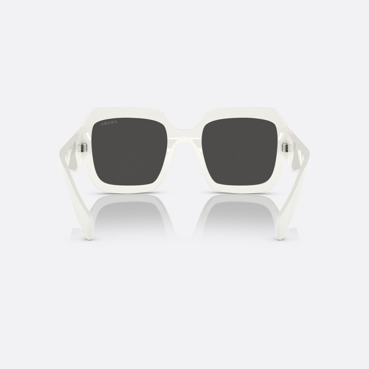 Prada PR 28ZS 17K-08Z sunglasses, white rectangle frame for women, plain bridge, brand lettering on the temples, full-rim frame