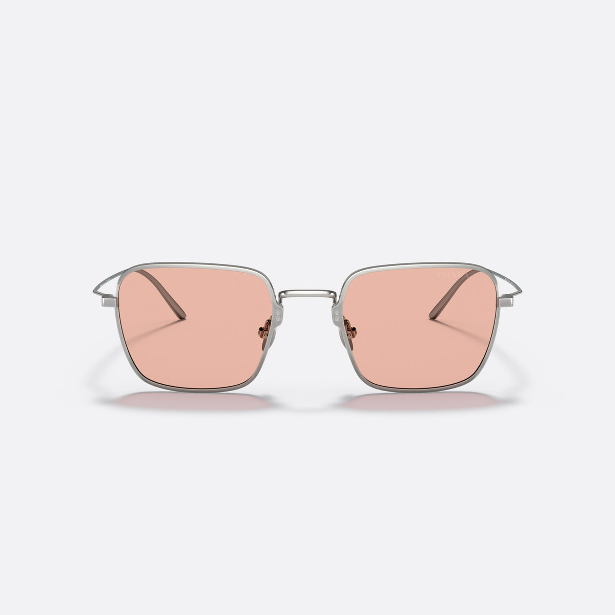 Prada PR 54WS 05Q-03F sunglasses, silver rectangle frame for women, double metal bridge, brand lettering on lens, front view