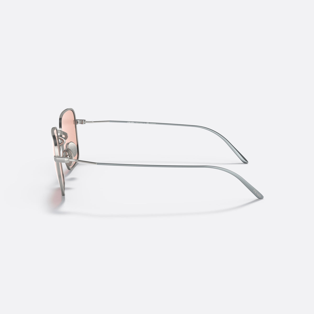 Prada PR 54WS 05Q-03F sunglasses, silver rectangle frame for women, double metal bridge, brand lettering on lens, side view