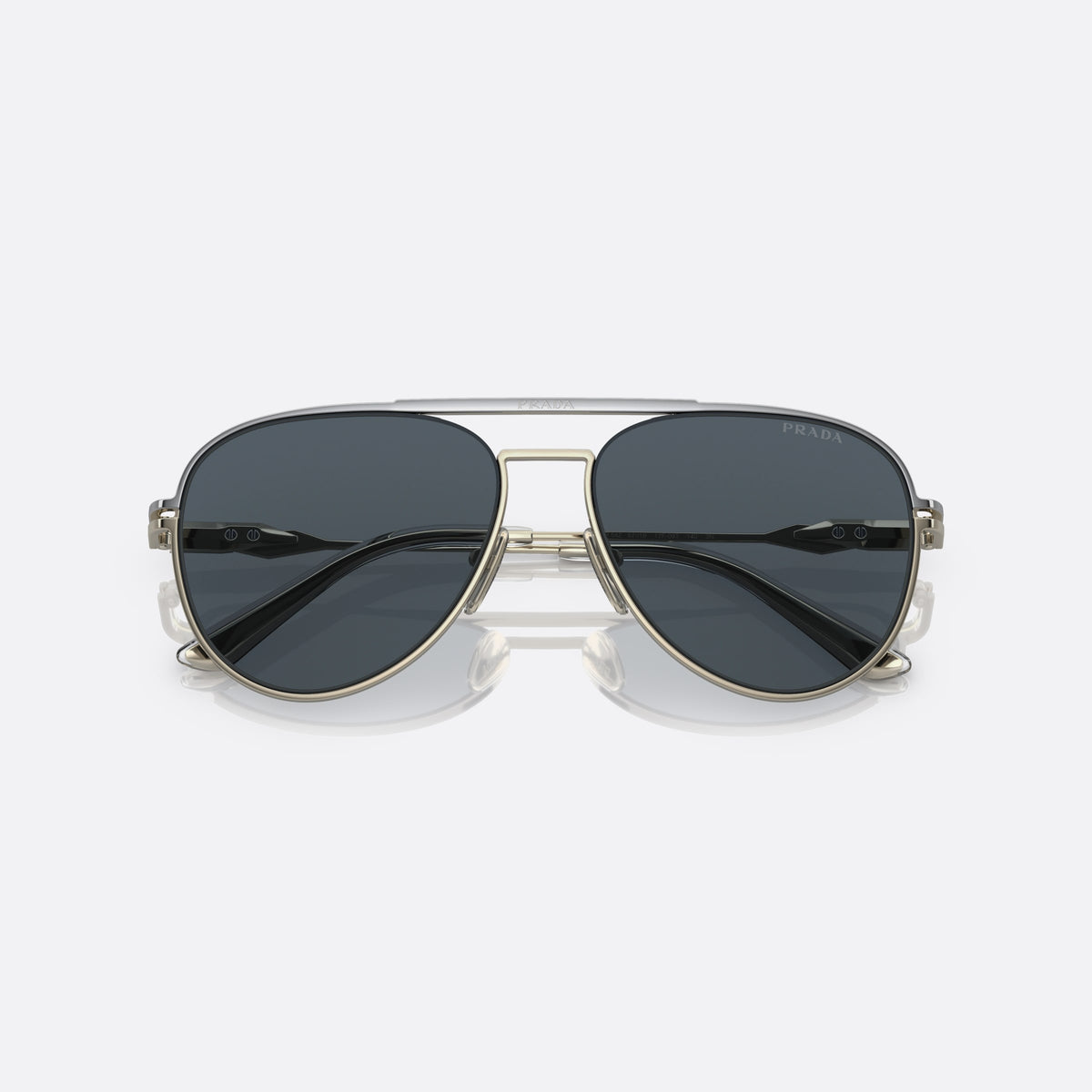 Prada PR 54ZS 17F-09T sunglasses, silver pilot frame for men, double bridge with top bar, slim tapered temples, folded