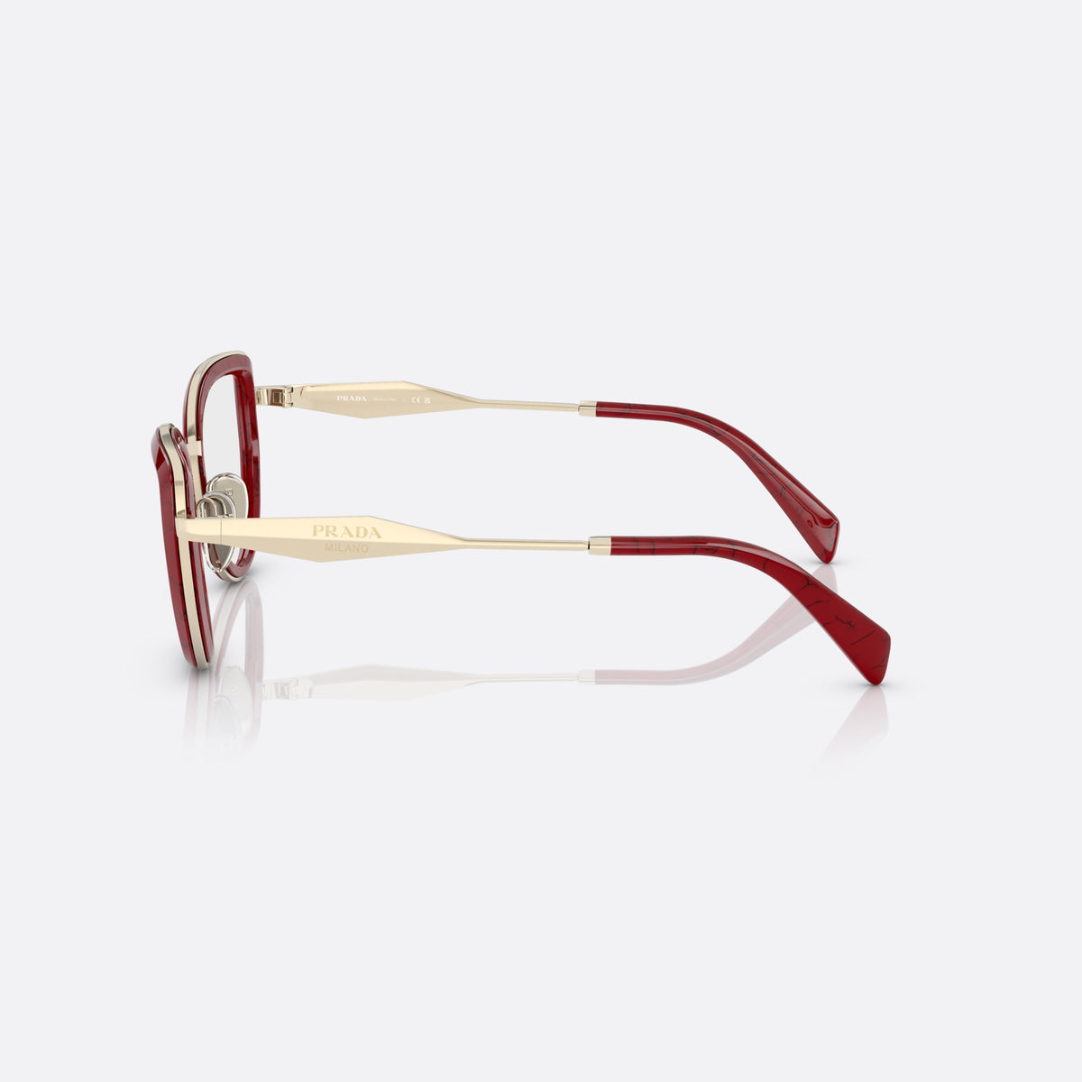 Rame ochelari de vedere Prada PR 54ZV 15D1O1, pillow roșu, pentru femei, punte metalică cu finisaj auriu, finisaj metalic lustruit, vedere laterală