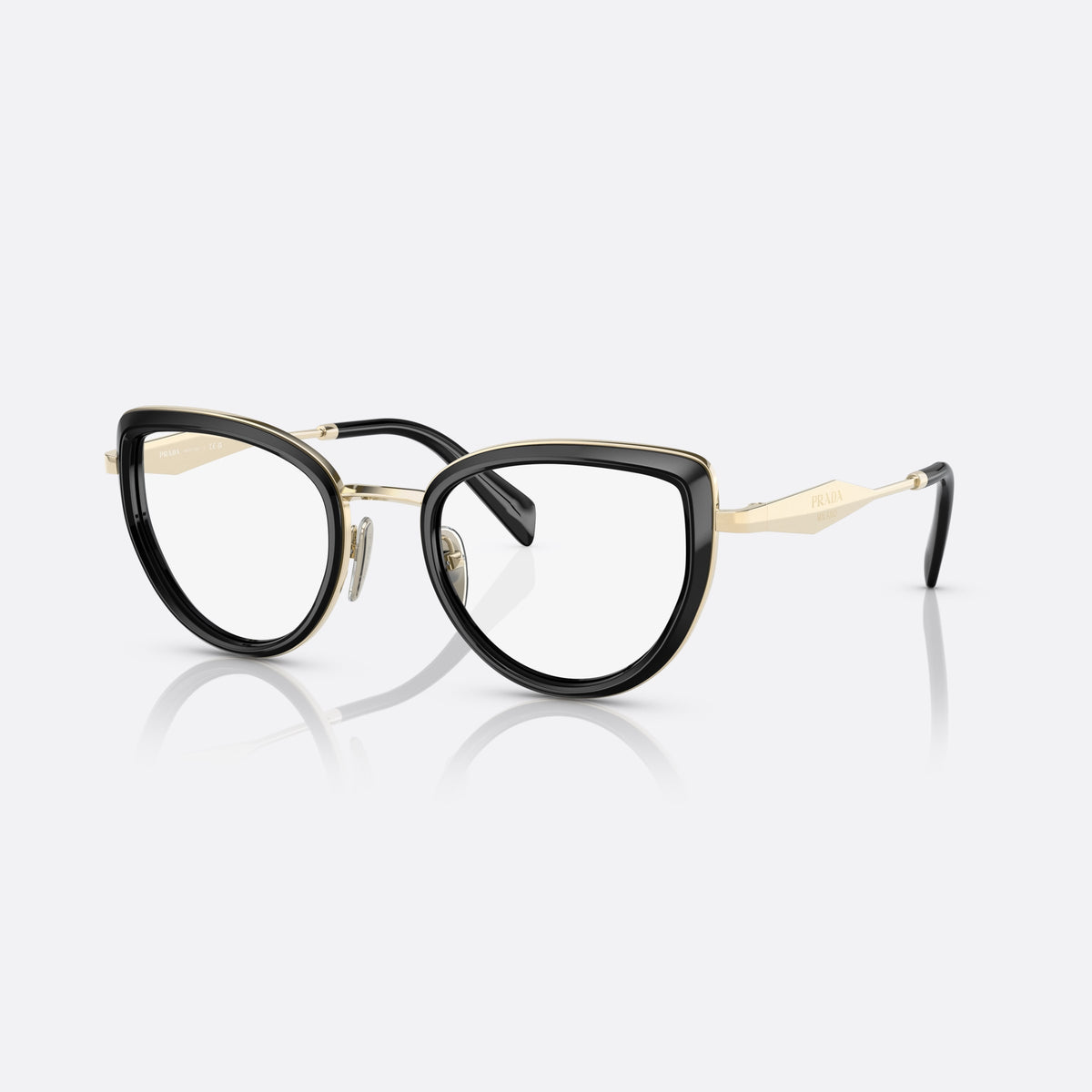 Prada PR 54ZV 1AB-1O1 eyeglasses, black cat eye frame for women, metal bridge with gold-tone finish, clear lenses