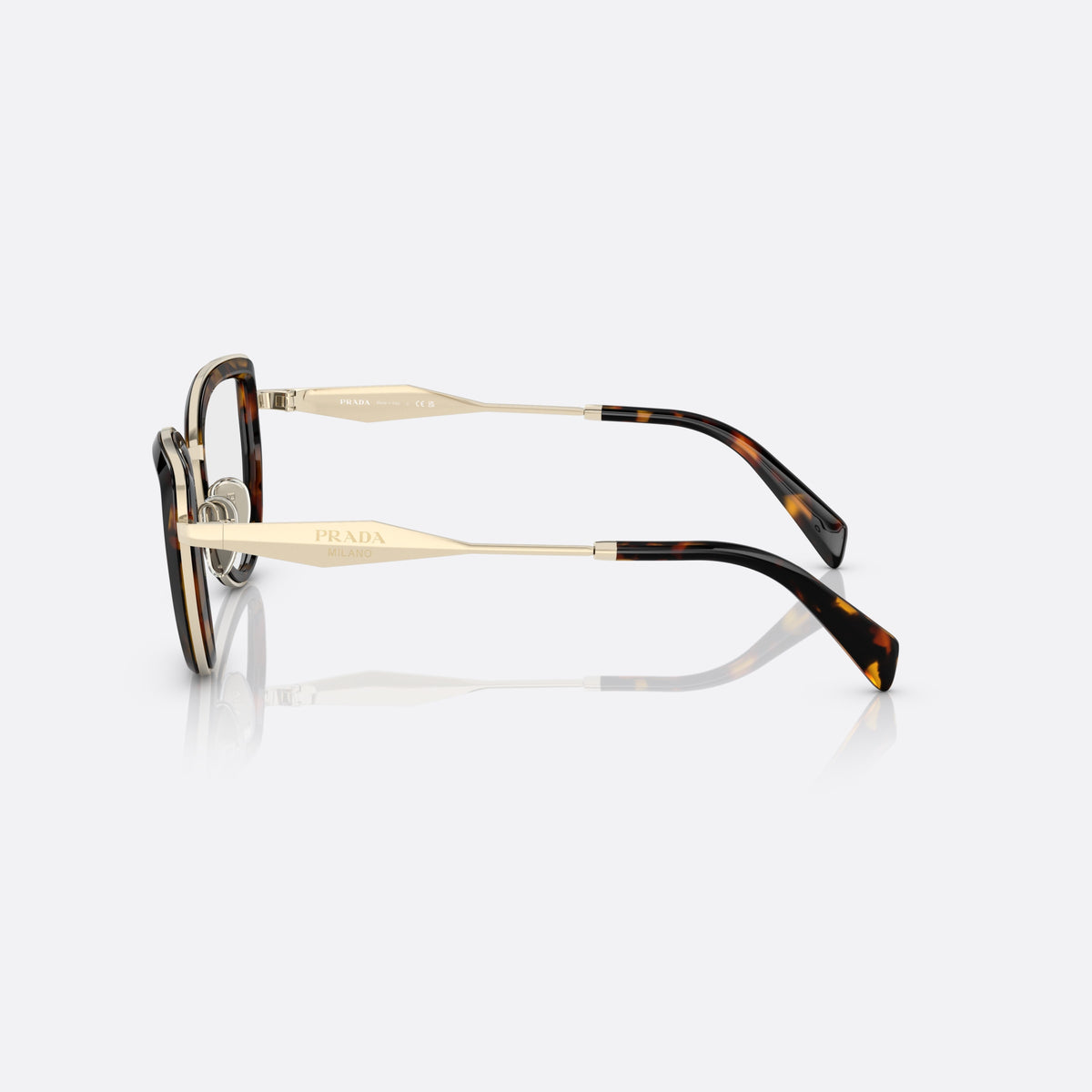 Prada PR 54ZV VAU1O1 eyeglasses, havana pillow frame for women, thin metal double bridge, brand lettering on the temples, side view