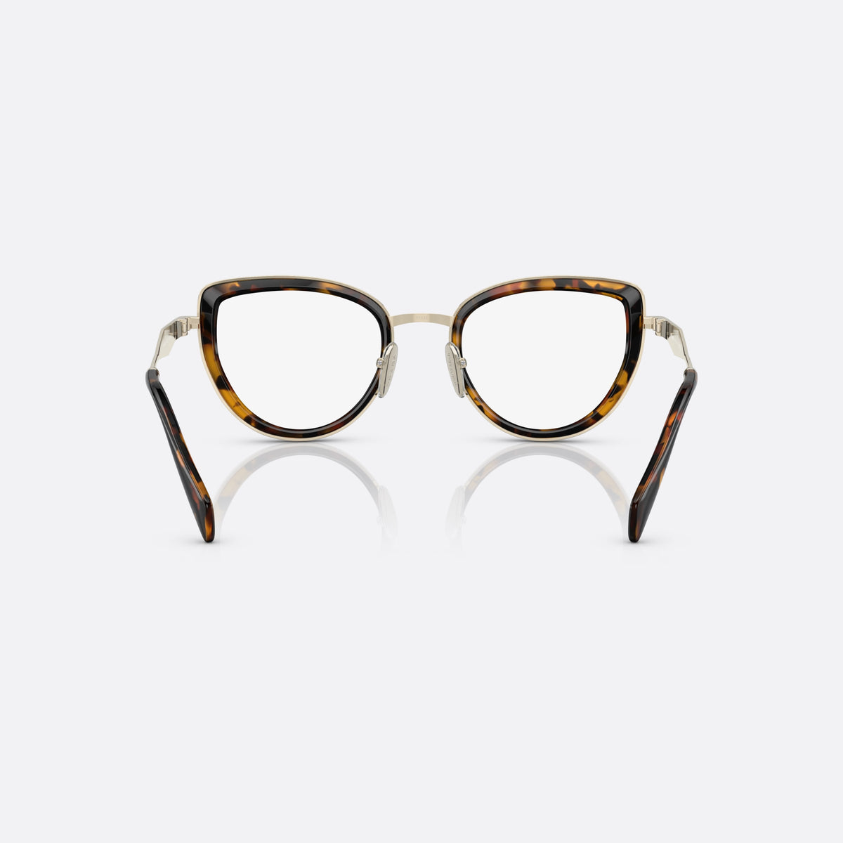 Prada PR 54ZV VAU1O1 eyeglasses, havana pillow frame for women, thin metal double bridge, brand lettering on the temples, back view