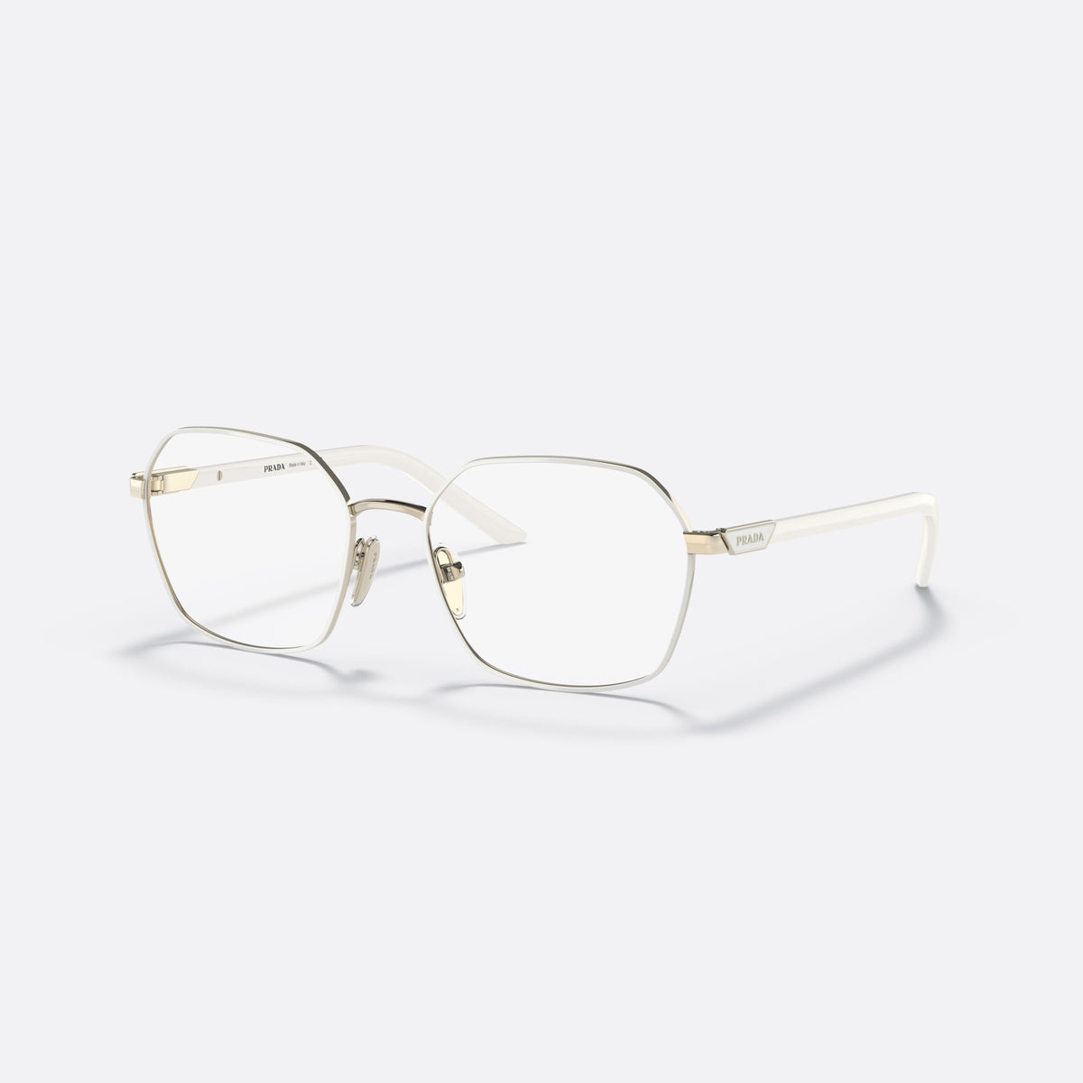 Prada PR 55YV LFB1O1 eyeglasses, white square frame for women, plain metal bridge, brand logo plaque on temple