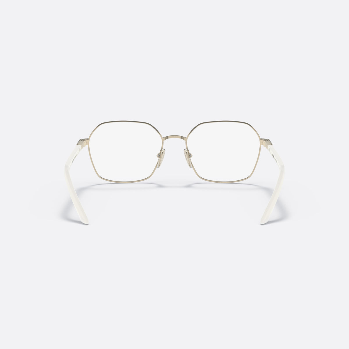 Prada PR 55YV LFB1O1 eyeglasses, white square frame for women, plain metal bridge, brand logo plaque on temple, back view