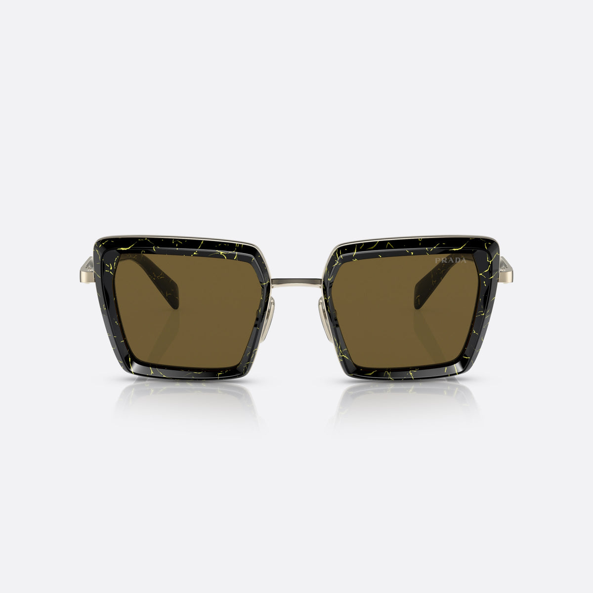 Prada PR 55ZS 19D01T sunglasses, black pillow frame for women, double bridge with metal bar, brand lettering on the temples, front view