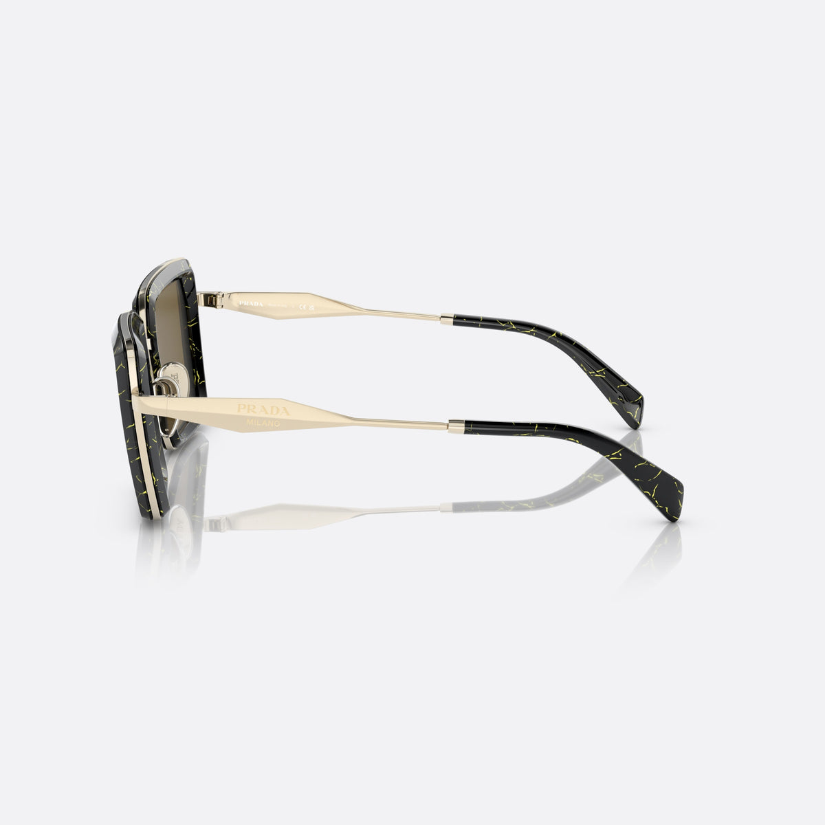 Prada PR 55ZS 19D01T sunglasses, black pillow frame for women, double bridge with metal bar, brand lettering on the temples, side view