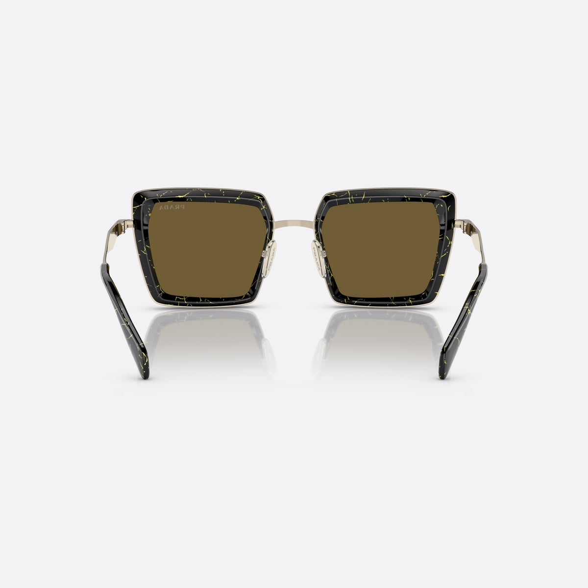 Prada PR 55ZS 19D01T sunglasses, black pillow frame for women, double bridge with metal bar, brand lettering on the temples, back view