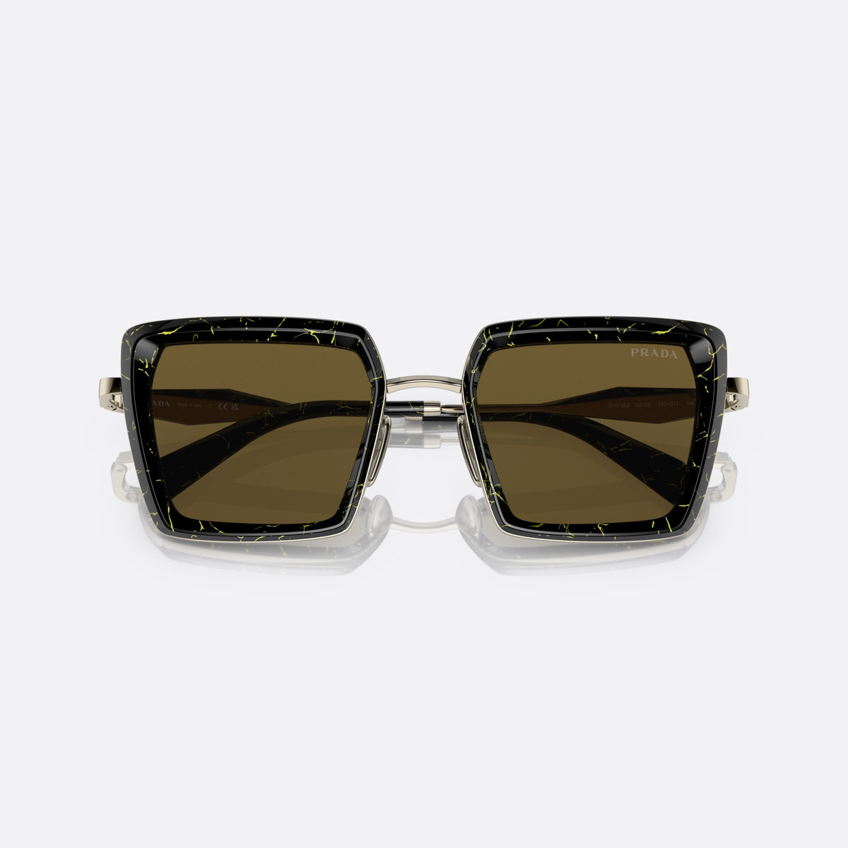 Prada PR 55ZS 19D01T sunglasses, black pillow frame for women, double bridge with metal bar, brand lettering on the temples, folded