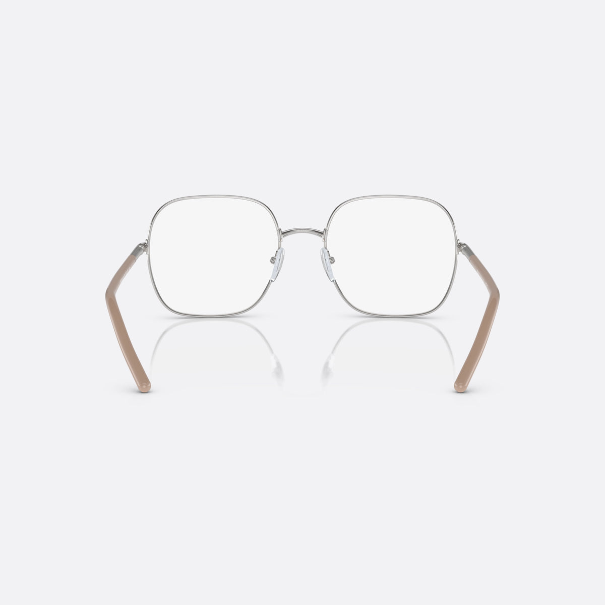 Prada PR 56WV 1BC1O1 eyeglasses, silver rectangle frame for women, plain metal bridge, brand lettering on temples, back view