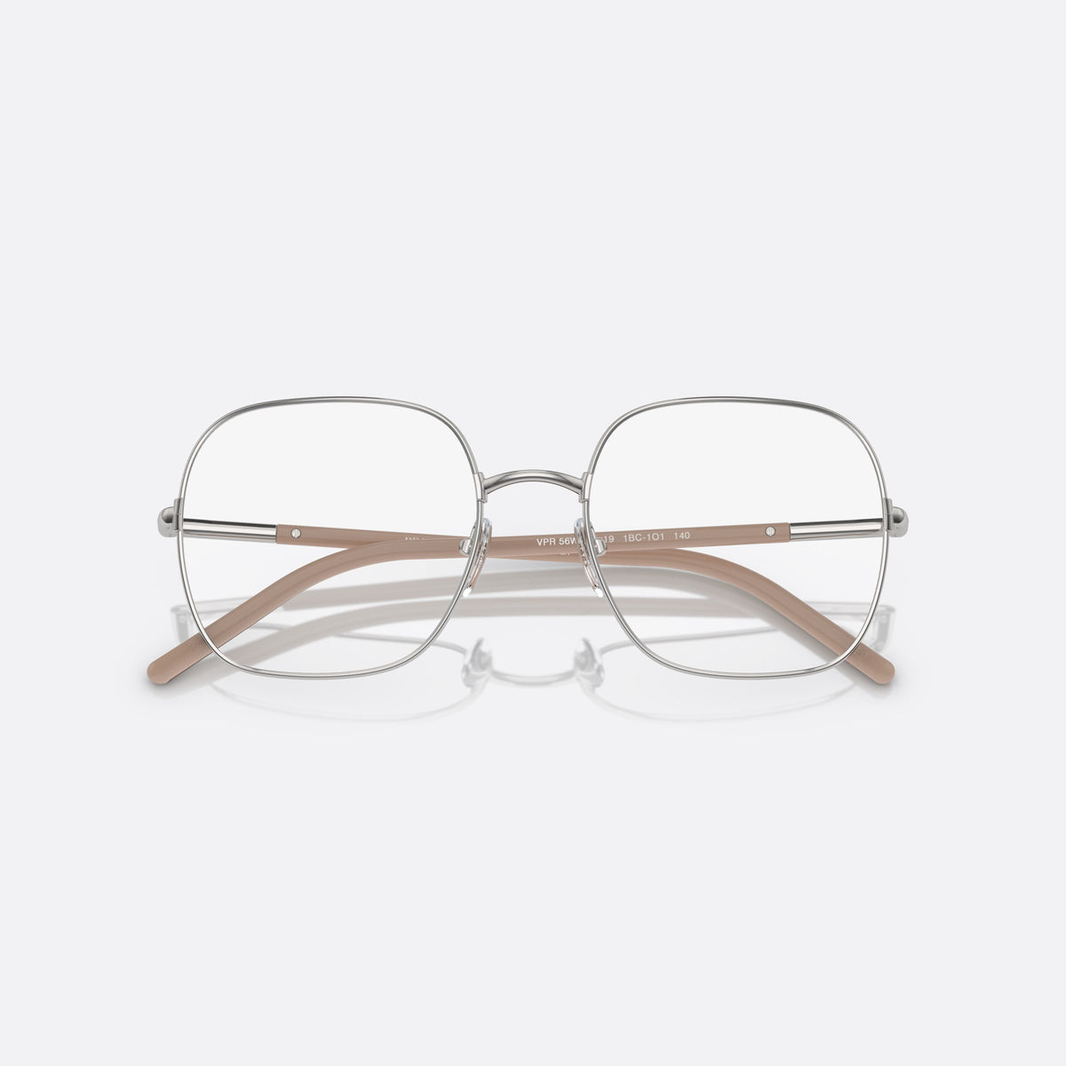 Prada PR 56WV 1BC1O1 eyeglasses, silver rectangle frame for women, plain metal bridge, brand lettering on temples, folded
