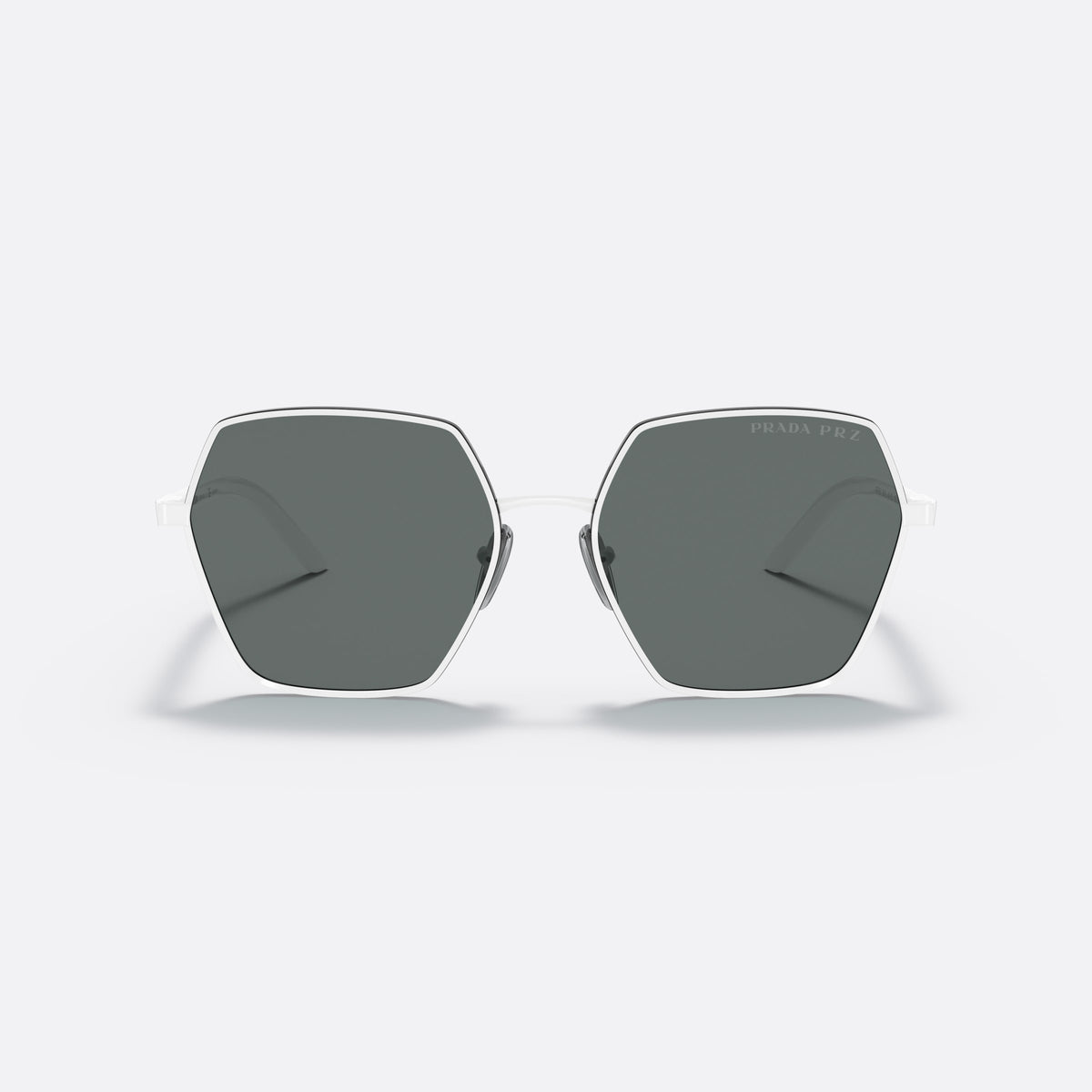 Prada PR 56YS 4615Z1 sunglasses, white square frame for women, thin metal bridge, brand lettering on the temples, front view