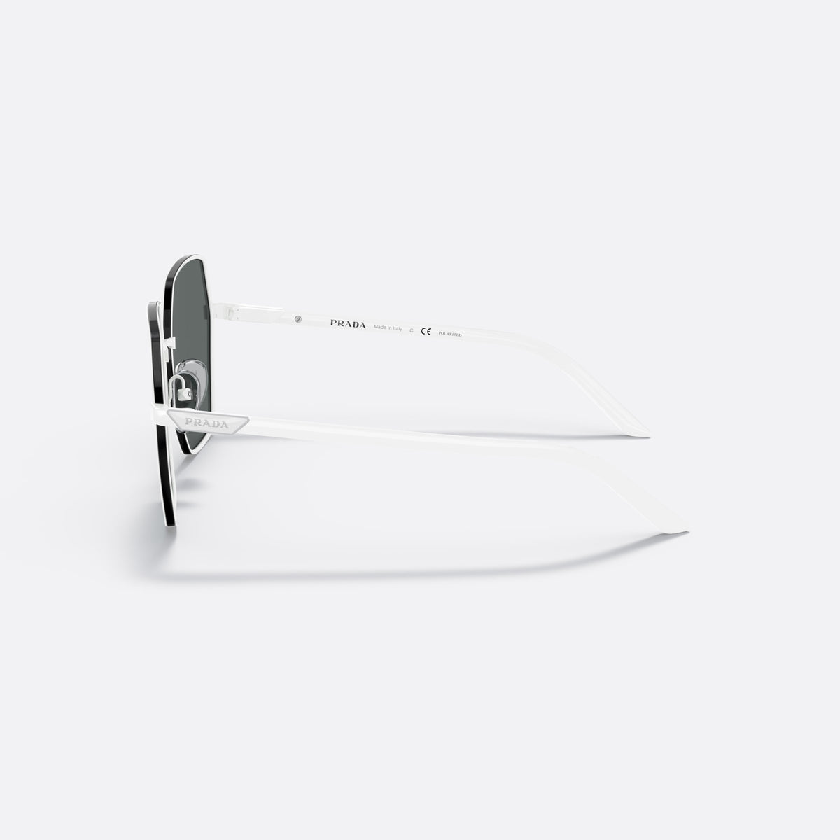 Prada PR 56YS 4615Z1 sunglasses, white square frame for women, thin metal bridge, brand lettering on the temples, side view