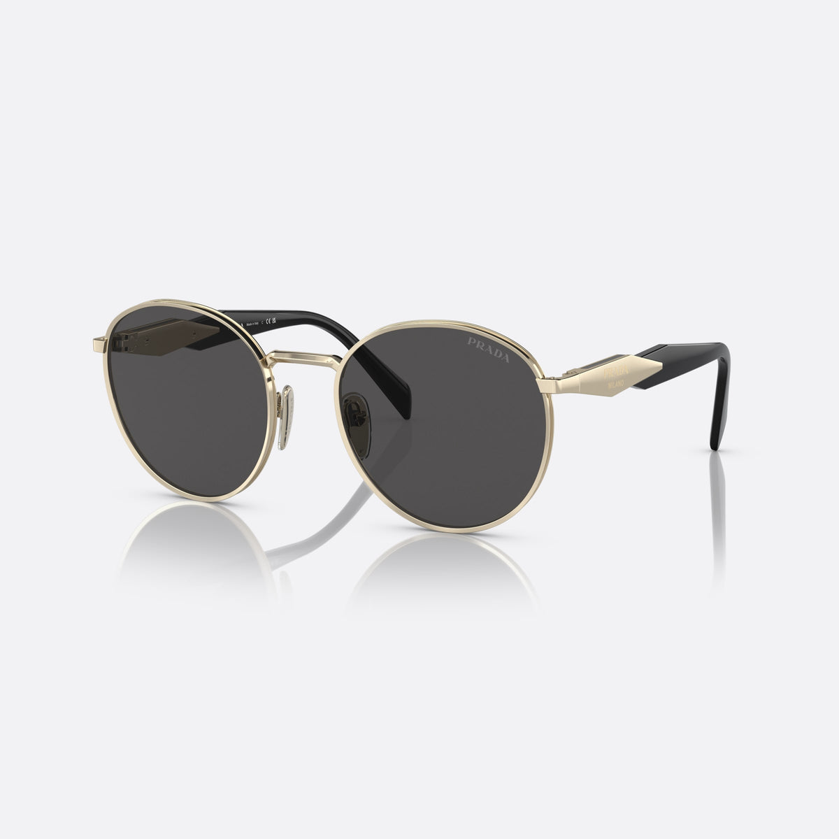 Prada PR 56ZS ZVN-5S0 sunglasses, gold round frame for women, plain metal bridge, brand lettering on temples