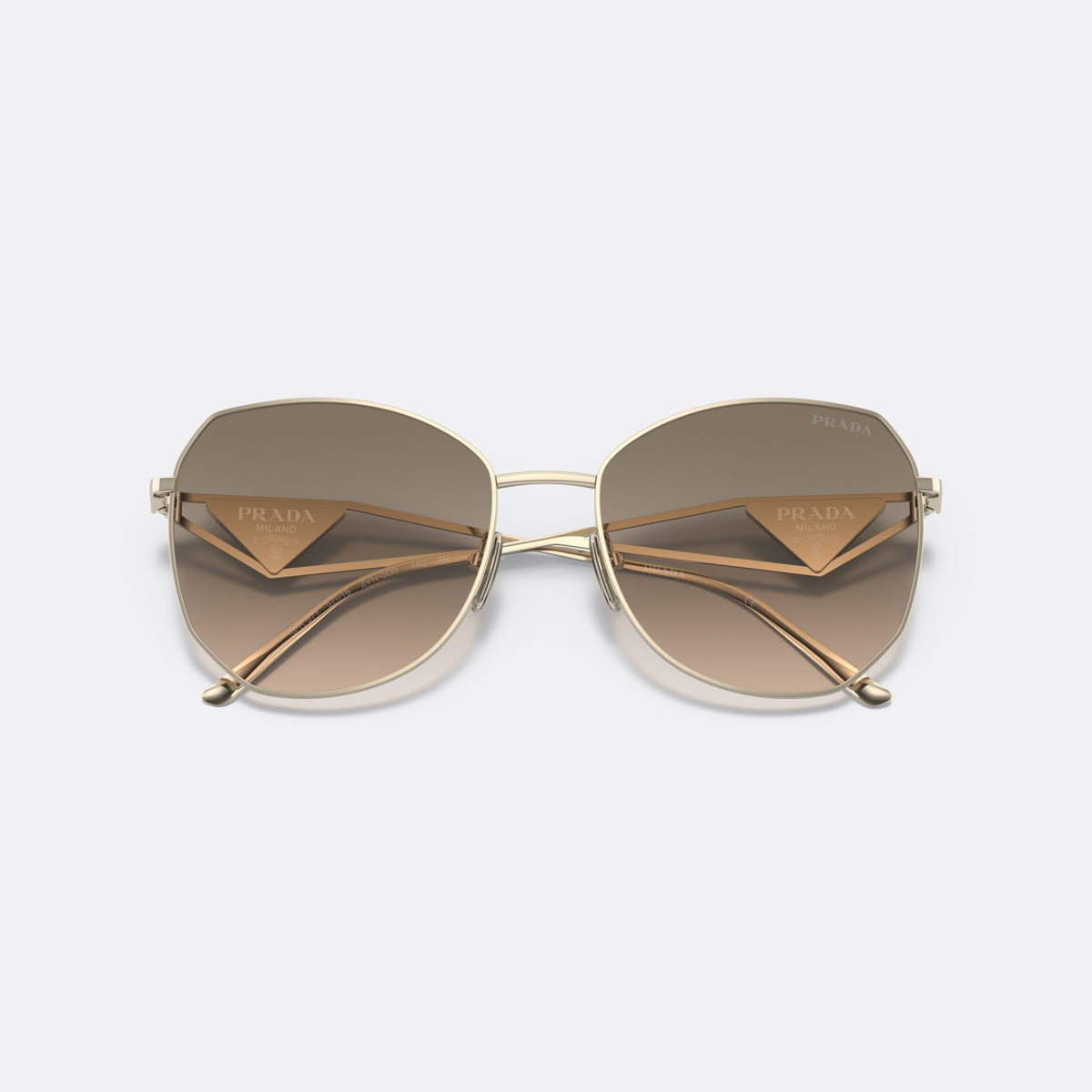 Prada PR 57YS ZVN-3D0 sunglasses, gold irregular frame for women, thin metal bridge, brand logo on temple plaque, folded