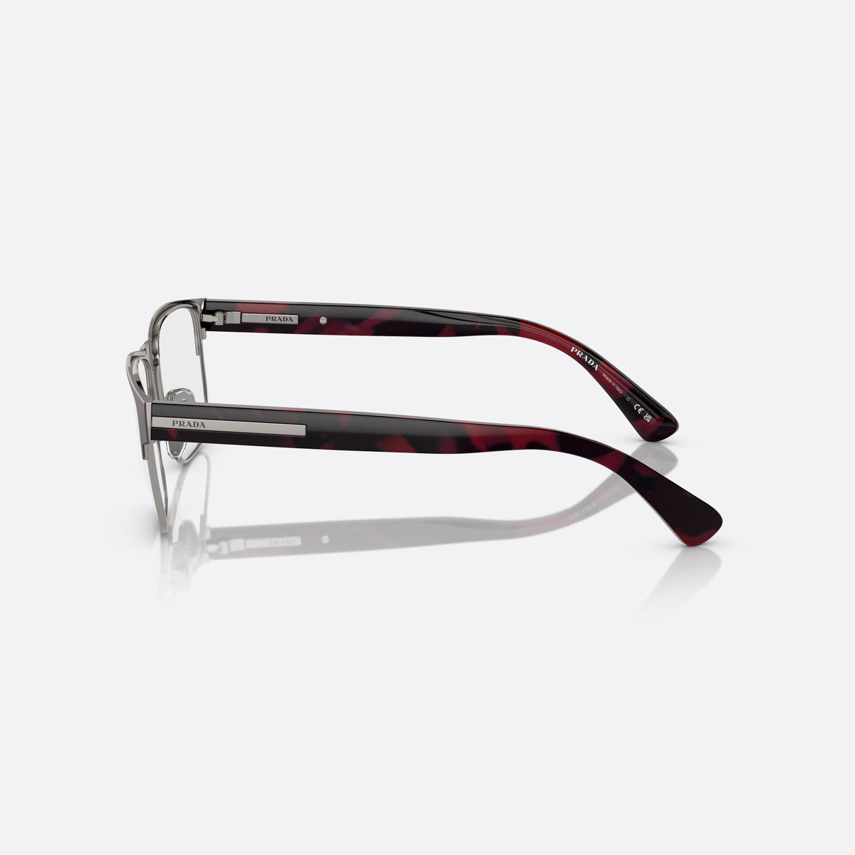 Prada PR 57ZV 12G1O1 eyeglasses, brown pillow frame for men, saddle-style metal bridge, brand lettering on the temples, side view