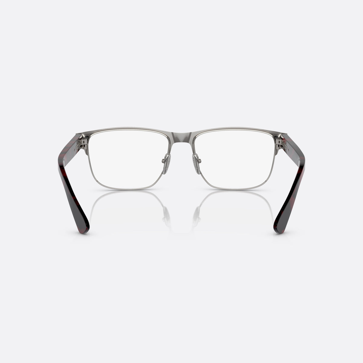 Prada PR 57ZV 12G1O1 eyeglasses, brown pillow frame for men, saddle-style metal bridge, brand lettering on the temples, back view