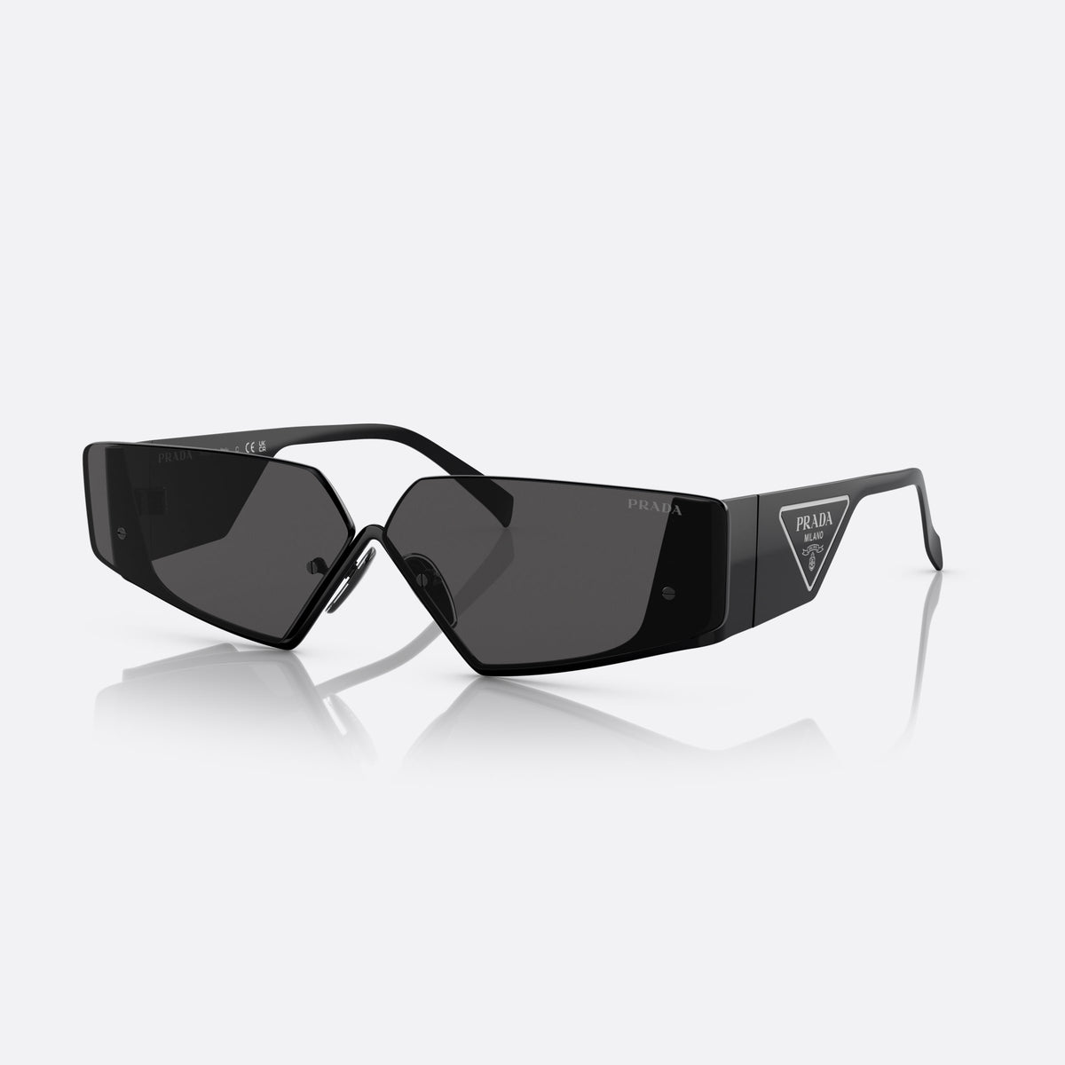 Prada PR 58ZS 1AB-06L sunglasses, black geometric frame for men, double metal bridge, brand logo on temple plaque