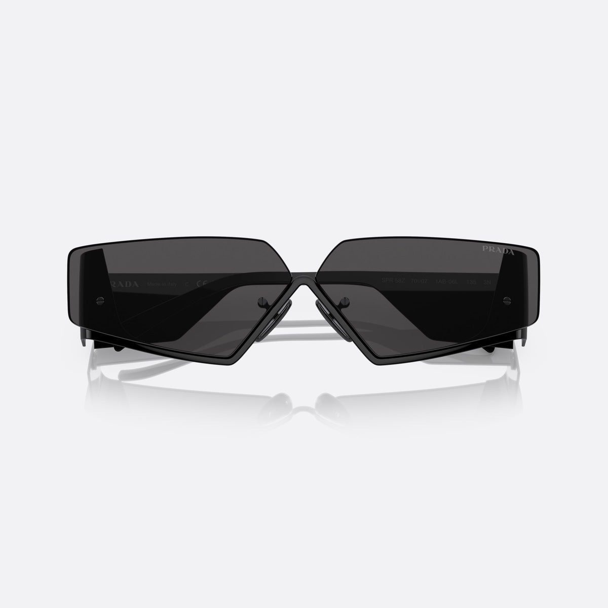 Prada PR 58ZS 1AB-06L sunglasses, black geometric frame for men, double metal bridge, brand logo on temple plaque, folded