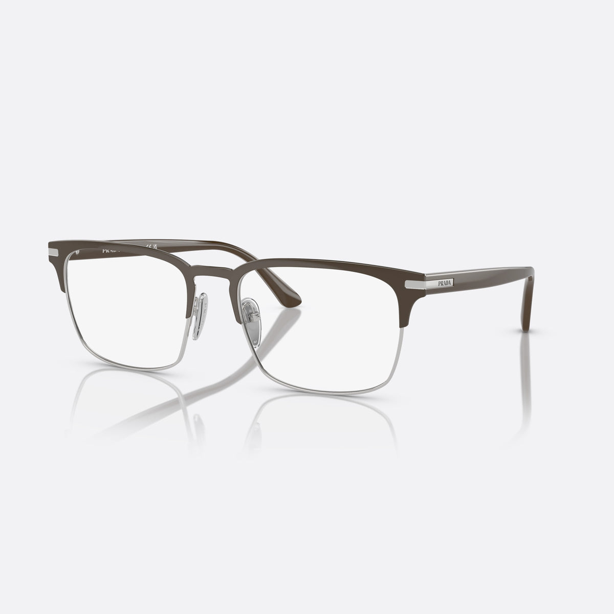Prada PR 58ZV 17I-1O1 B eyeglasses, silver squared frame for men, brand lettering on temples, flat temples with metal core
