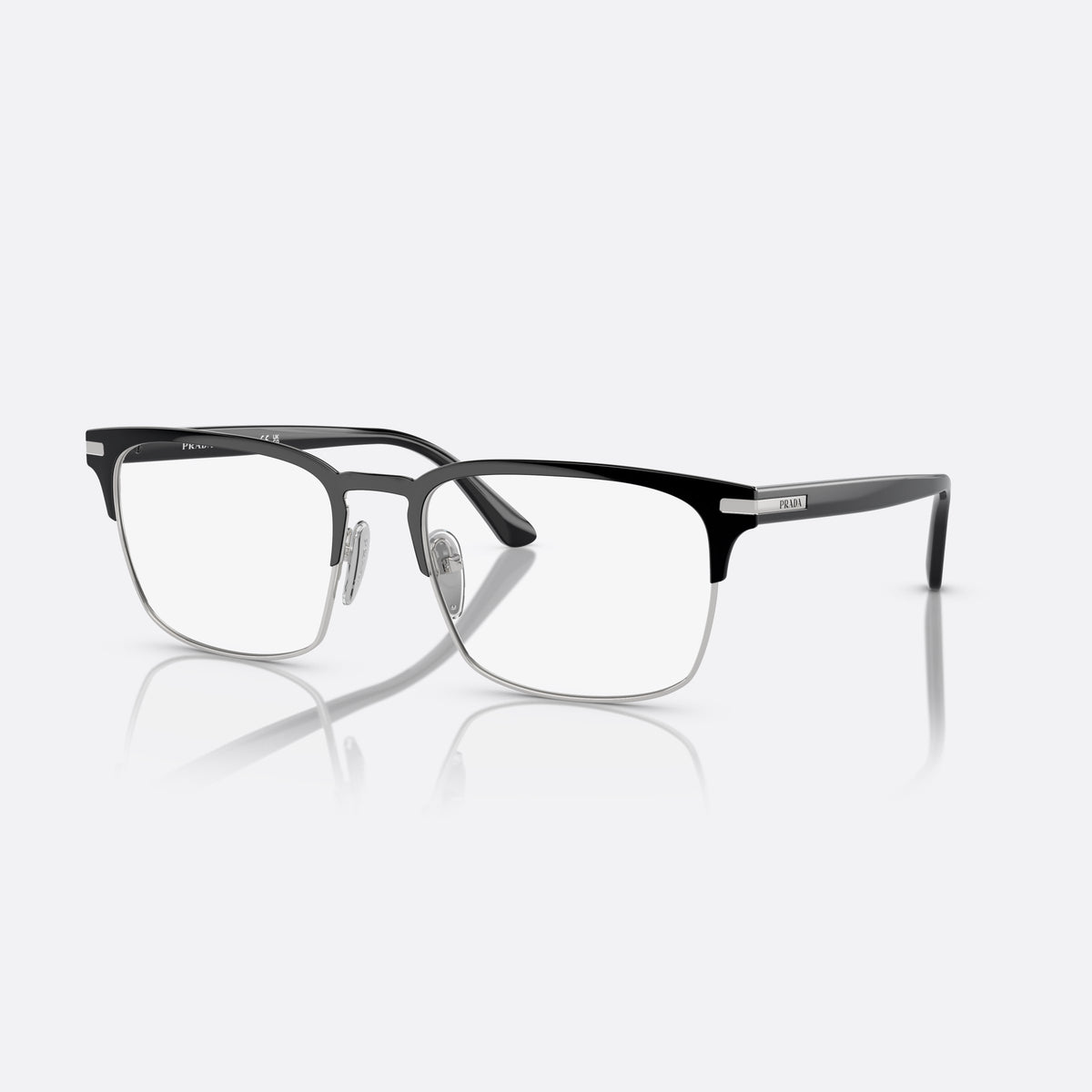 Prada PR 58ZV 1AB-1O1 B eyeglasses, black squared frame for men, brand lettering on temples, slim tapered temples