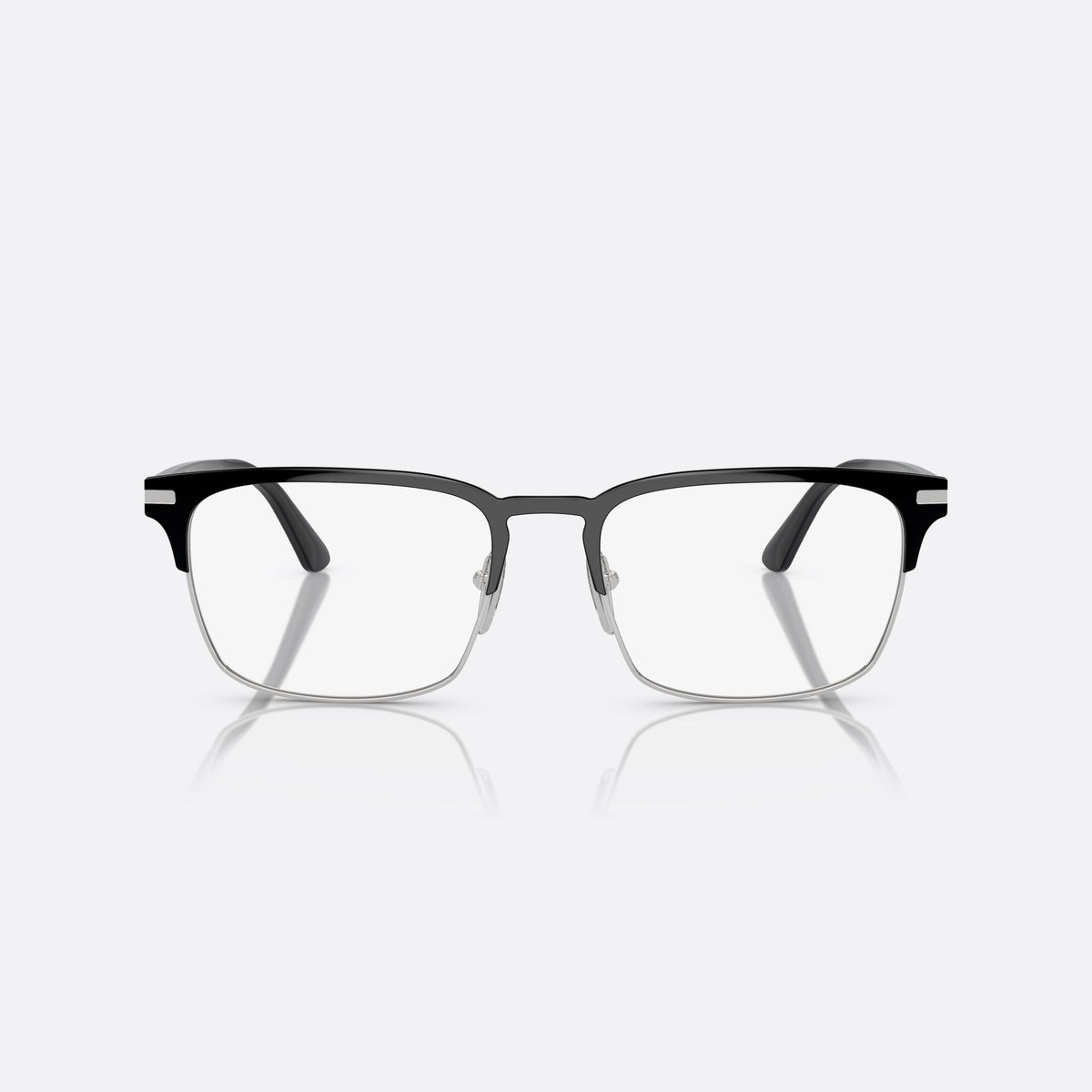 Prada PR 58ZV 1AB-1O1 B eyeglasses, black squared frame for men, brand lettering on temples, slim tapered temples, front view