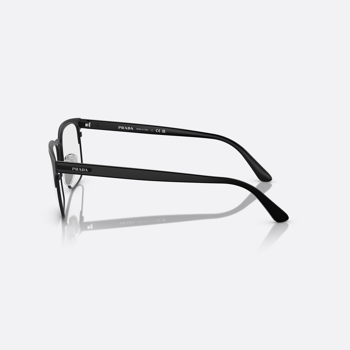 Prada PR 58ZV 1BO-1O1 X eyeglasses, black squared frame for men, brand lettering on temples, flat temples with plaque, side view