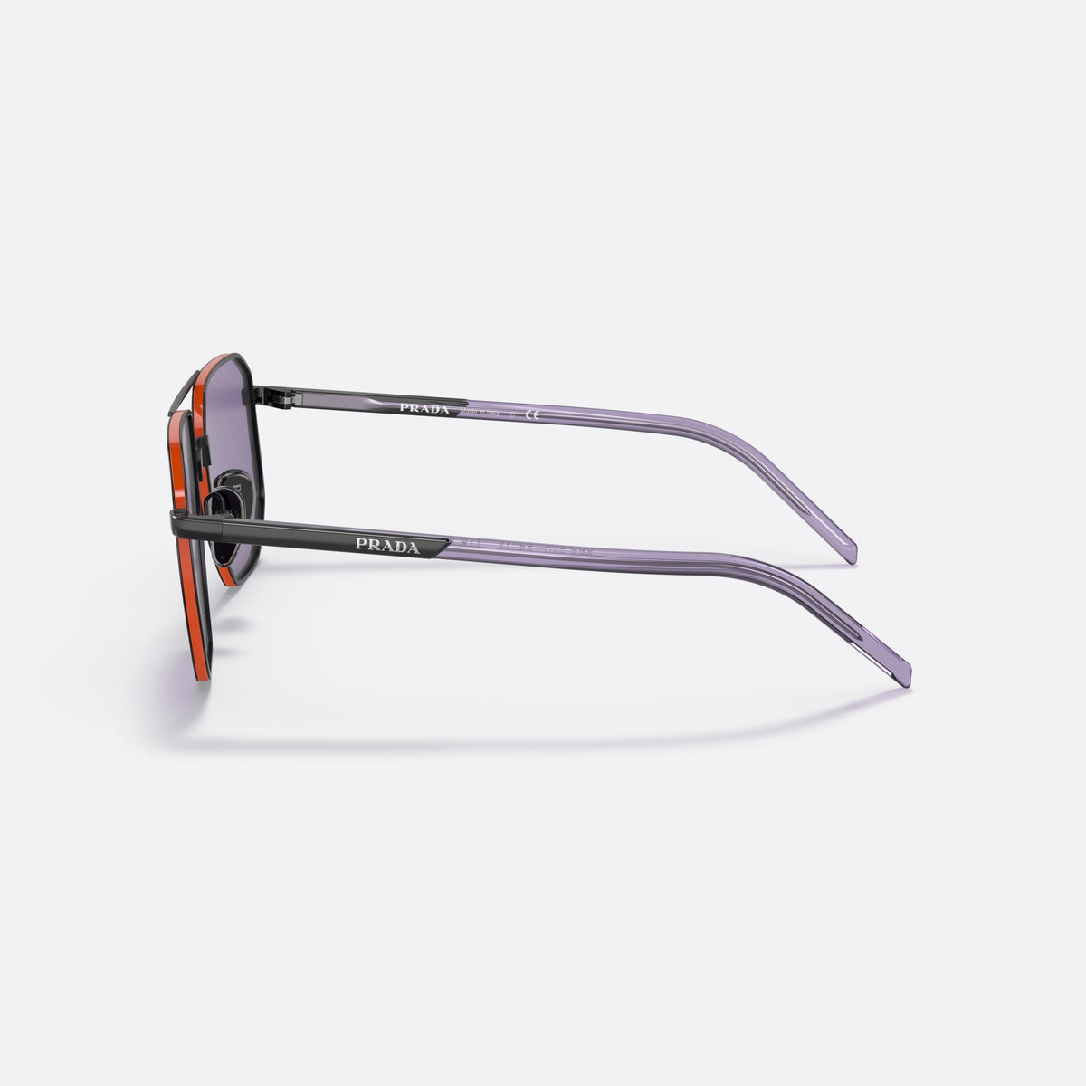 Prada PR 59YS 11B05Q sunglasses, black square frame for men, double bridge with metal bar, brand lettering on temples, side view