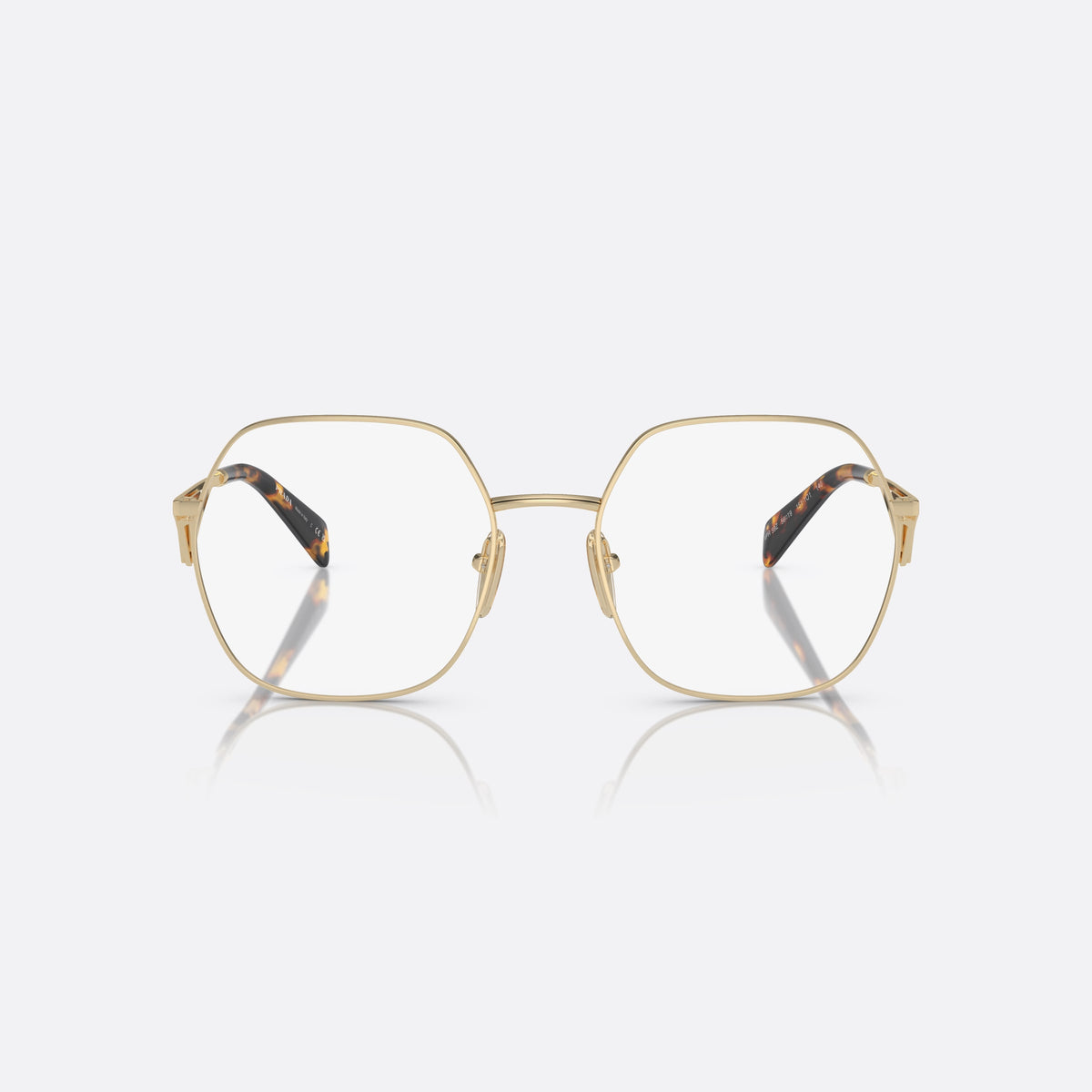 Prada PR 59ZV 151-1O1 N eyeglasses, gold geometric frame for women, plain metal bridge, brand logo plaque on temples, front view