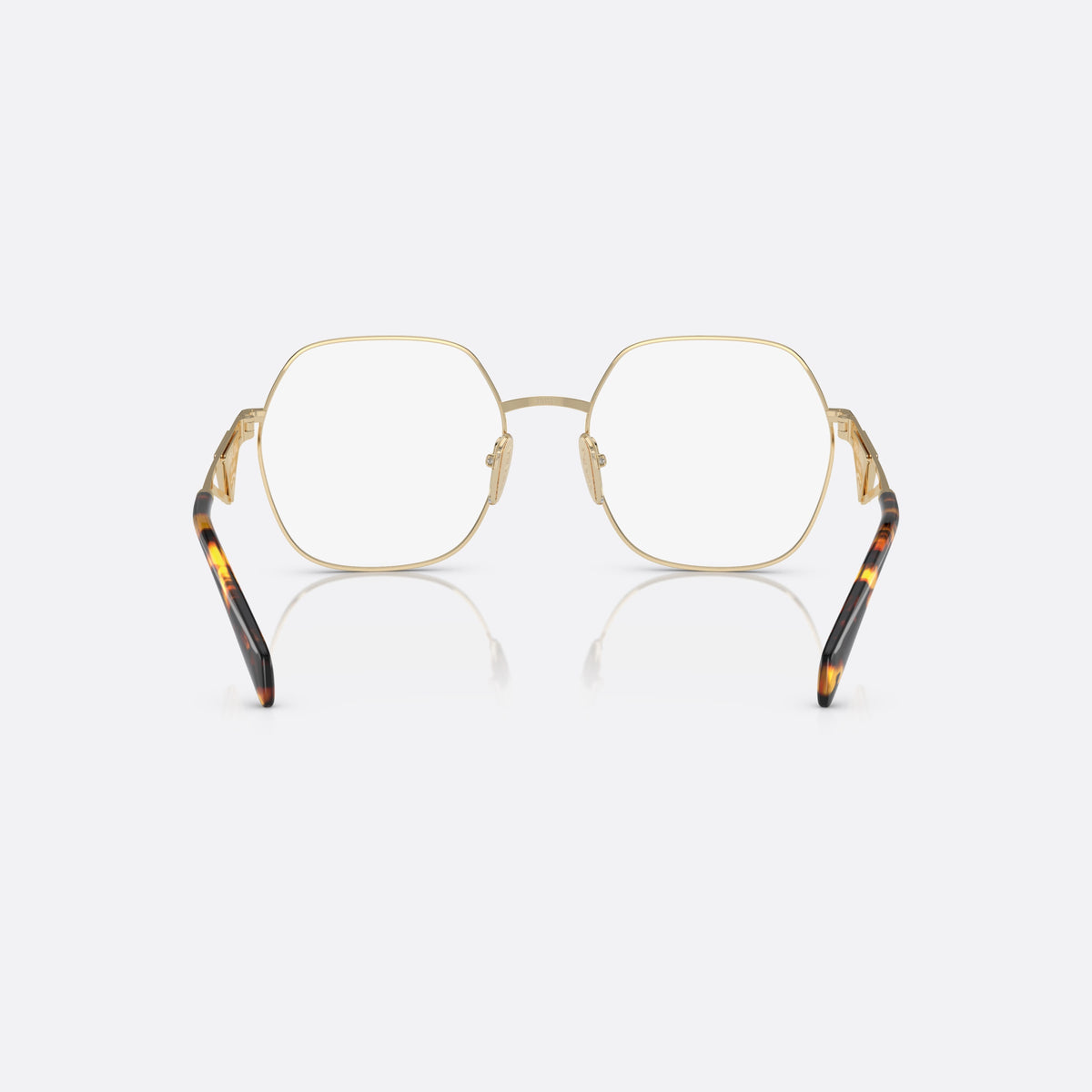 Prada PR 59ZV 151-1O1 N eyeglasses, gold geometric frame for women, thin metal bridge, brand logo on temples, back view