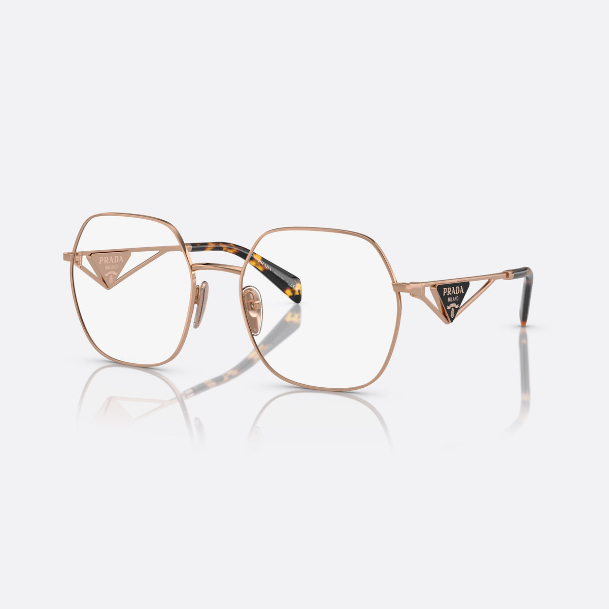 Prada PR 59ZV SVF-1O1 V eyeglasses, gold geometric frame for women, thin metal saddle bridge, brand lettering on plaque