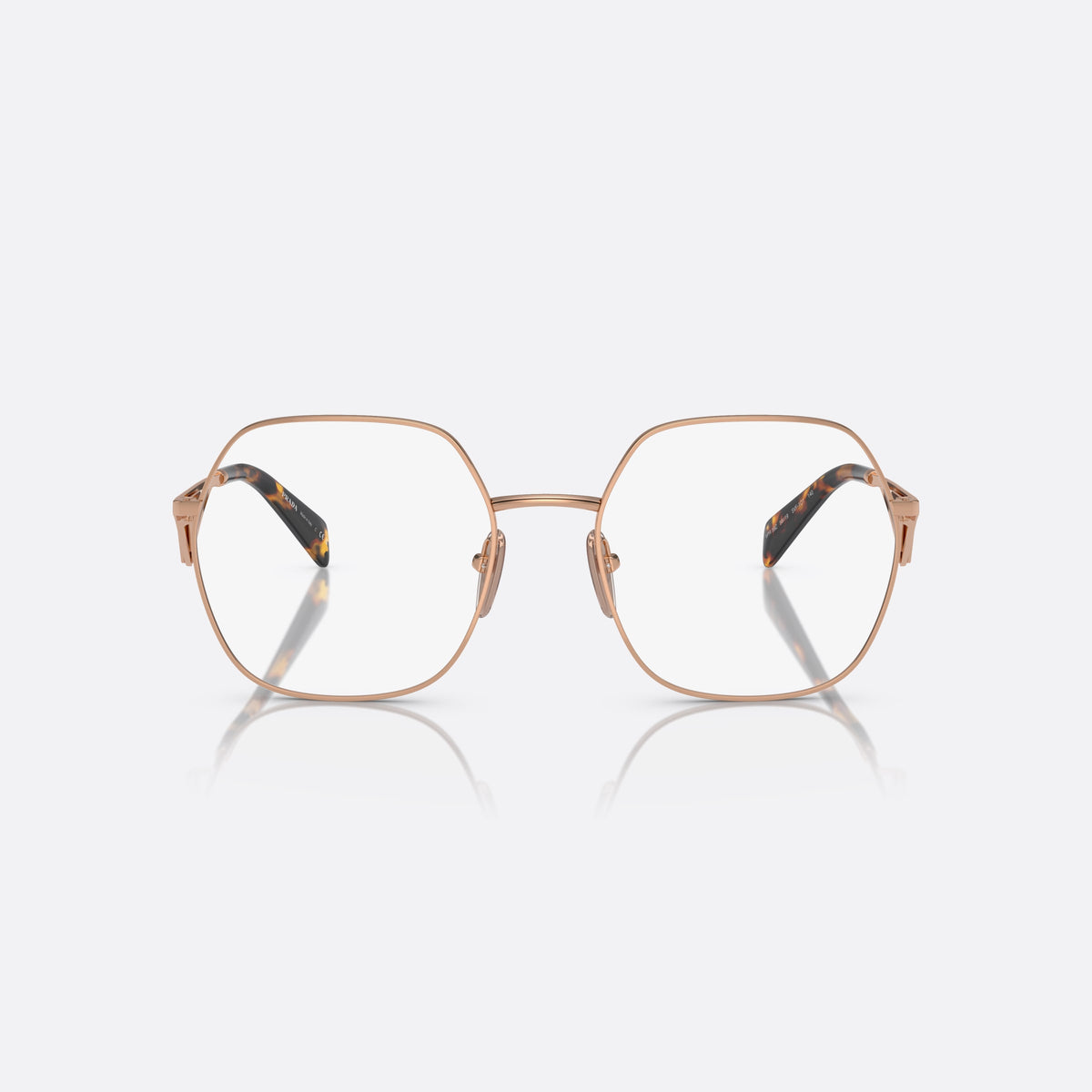 Prada PR 59ZV SVF-1O1 V eyeglasses, gold geometric frame for women, thin metal saddle bridge, brand lettering on plaque, front view