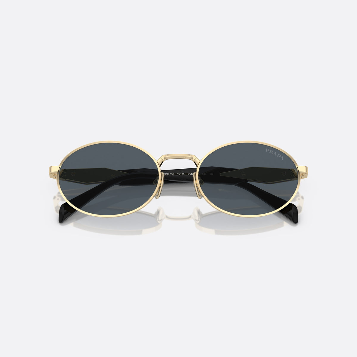 Prada PR 65ZS ZVN-09T sunglasses, gold oval frame for women, plain metal bridge, brand logo plaque on temple