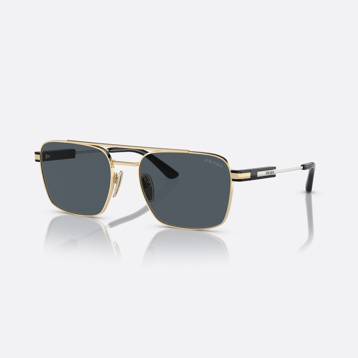 Prada PR 67ZS 56 sunglasses, gold rectangle frame, unisex, double bridge, brand lettering on temple, metal hinges