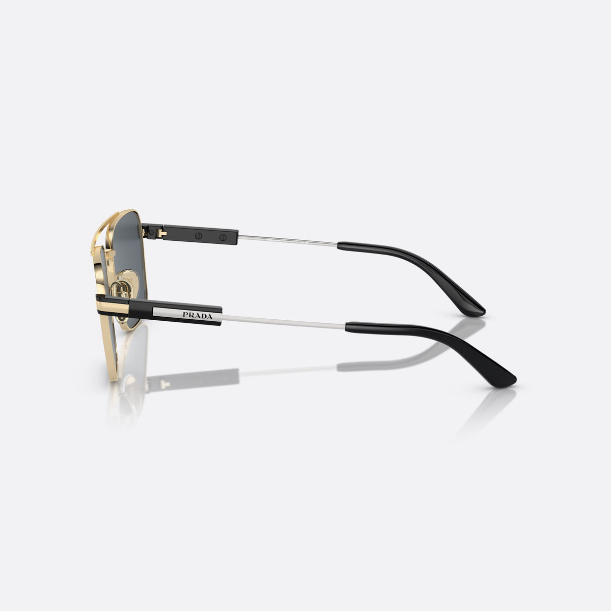 Prada PR 67ZS 56 sunglasses, gold rectangle frame, unisex, double bridge, brand lettering on temple, metal hinges