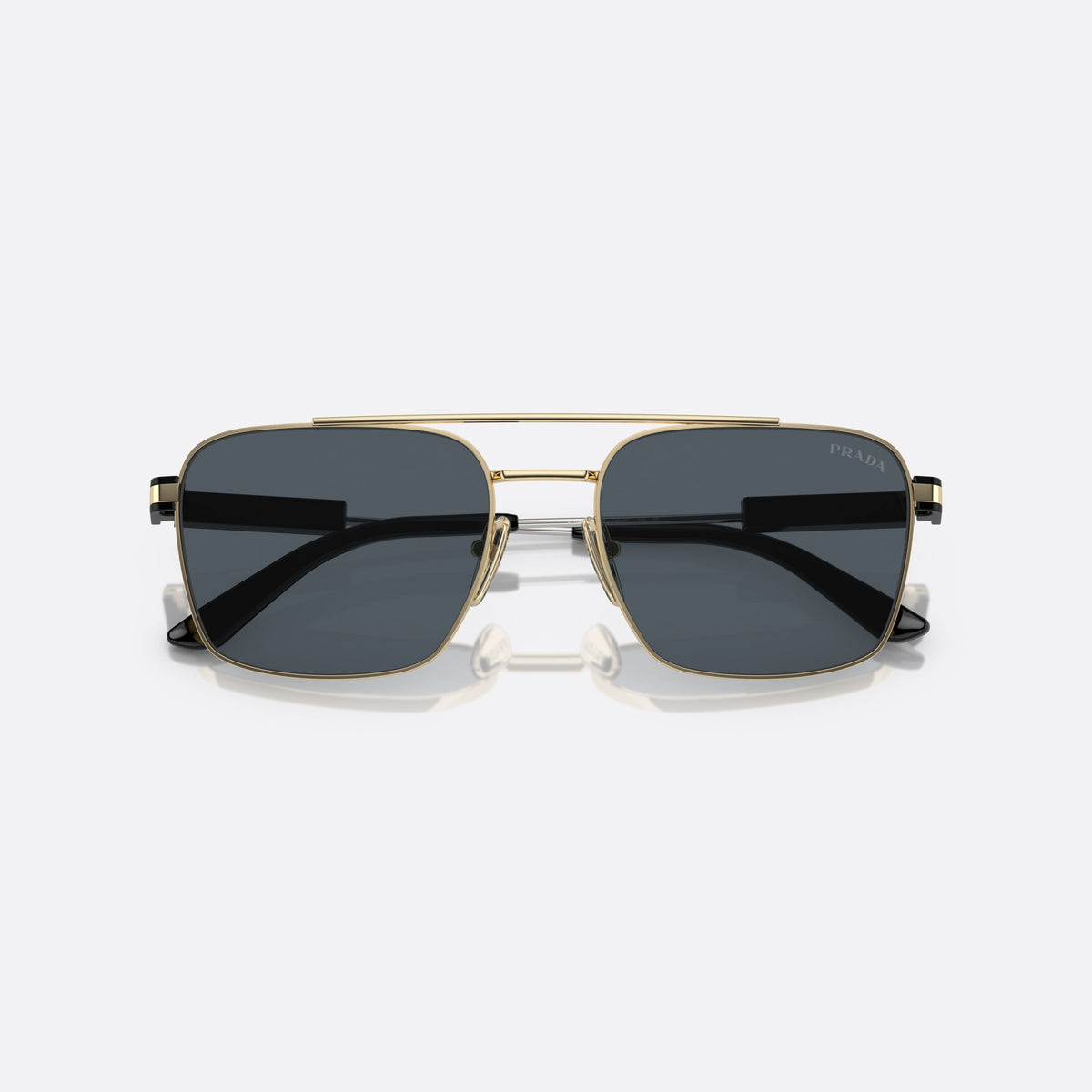 Prada PR 67ZS 56 sunglasses, gold rectangle frame, unisex, double bridge, brand lettering on temple, metal hinges