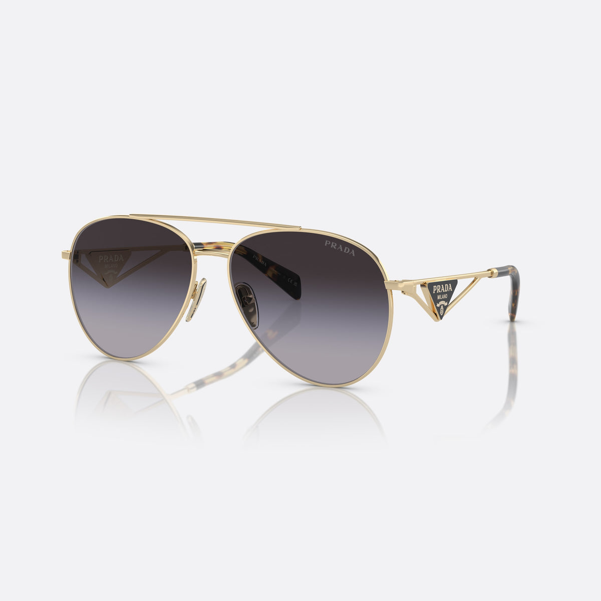 Prada PR 73ZS ZVN-5D1 C sunglasses, gold pilot frame for women, double bridge with top bar, brand logo on temples