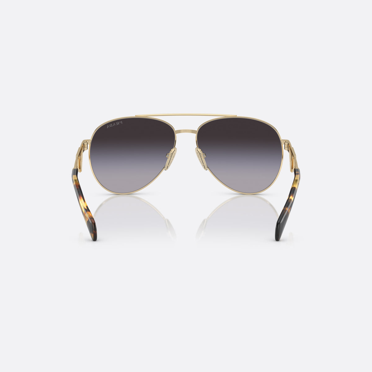 Prada PR 73ZS ZVN-5D1 C sunglasses, gold pilot frame for women, double bridge with top bar, brand logo on temples, back view