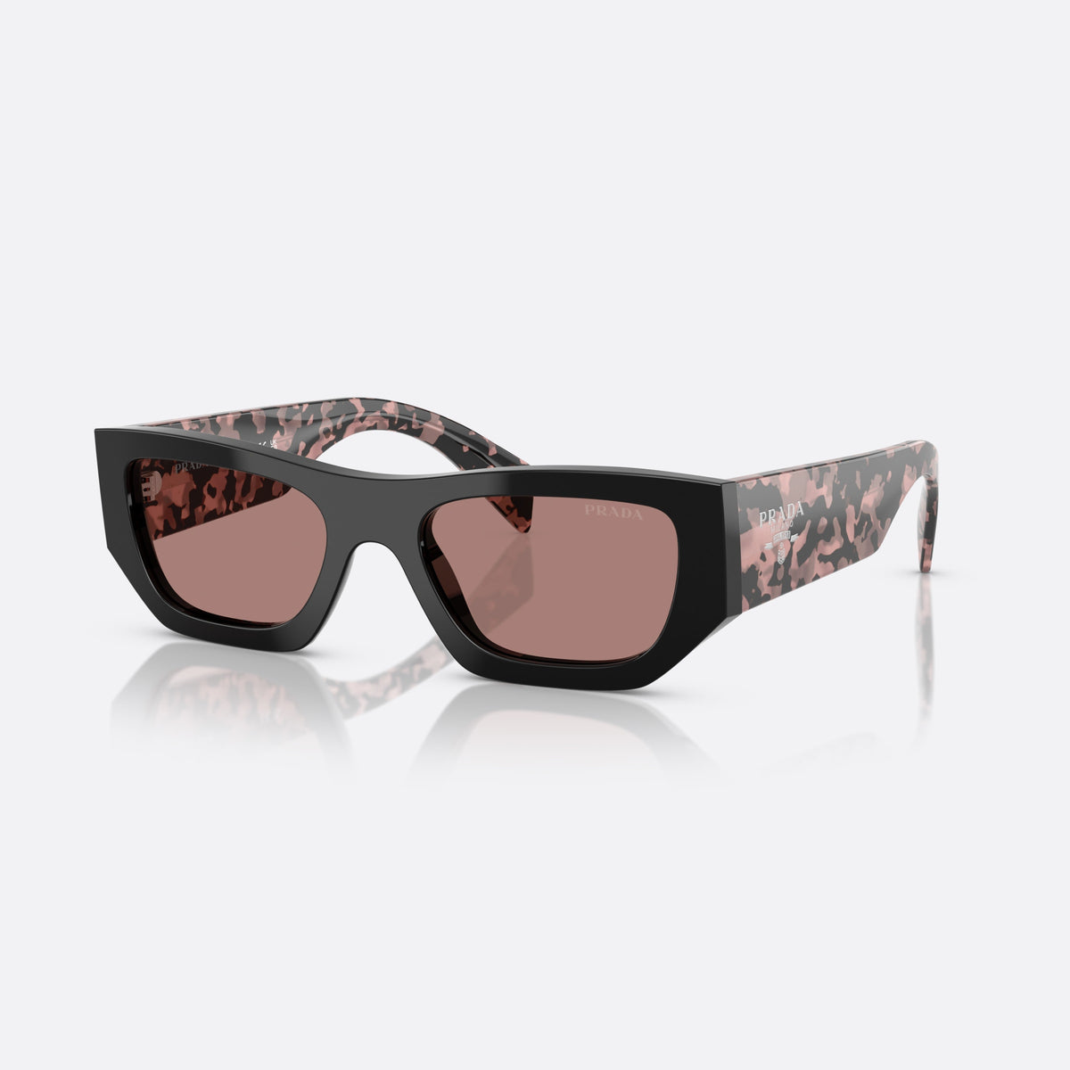 Prada PR A01S 13P60B sunglasses, black pillow frame for women, plain bridge, integrated into frame, wide tapered temples