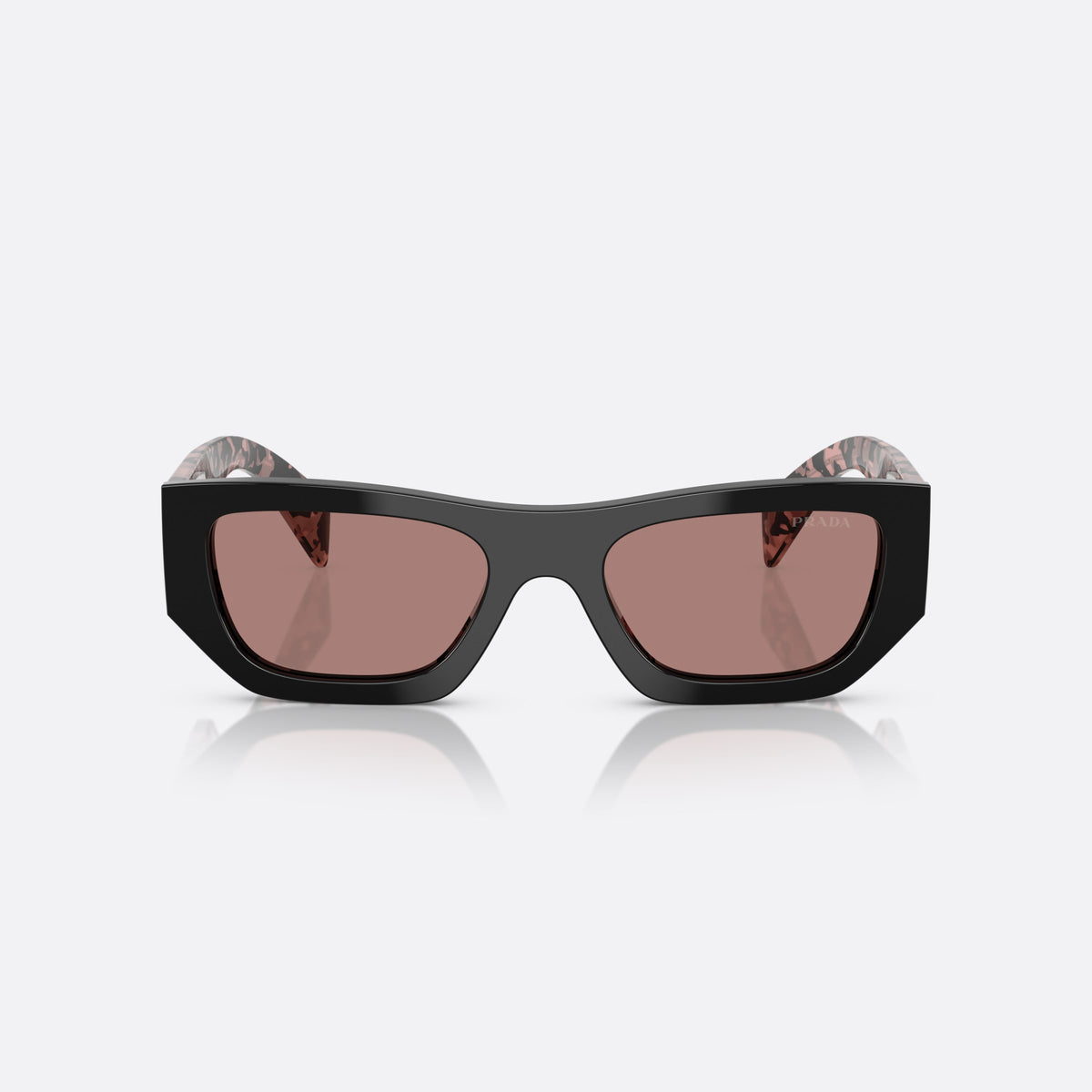 Prada PR A01S 13P60B sunglasses, black pillow frame for women, plain bridge, integrated into frame, wide tapered temples, front view