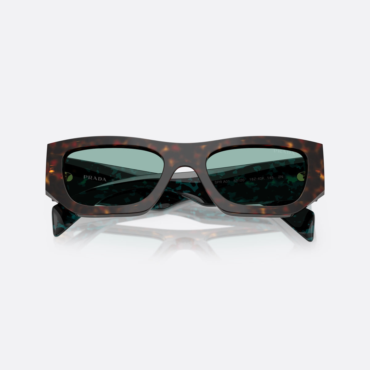 Prada PR A01S 18Z40K sunglasses, havana pillow frame for women, plain bridge, brand lettering on temples, full-rim frame, folded