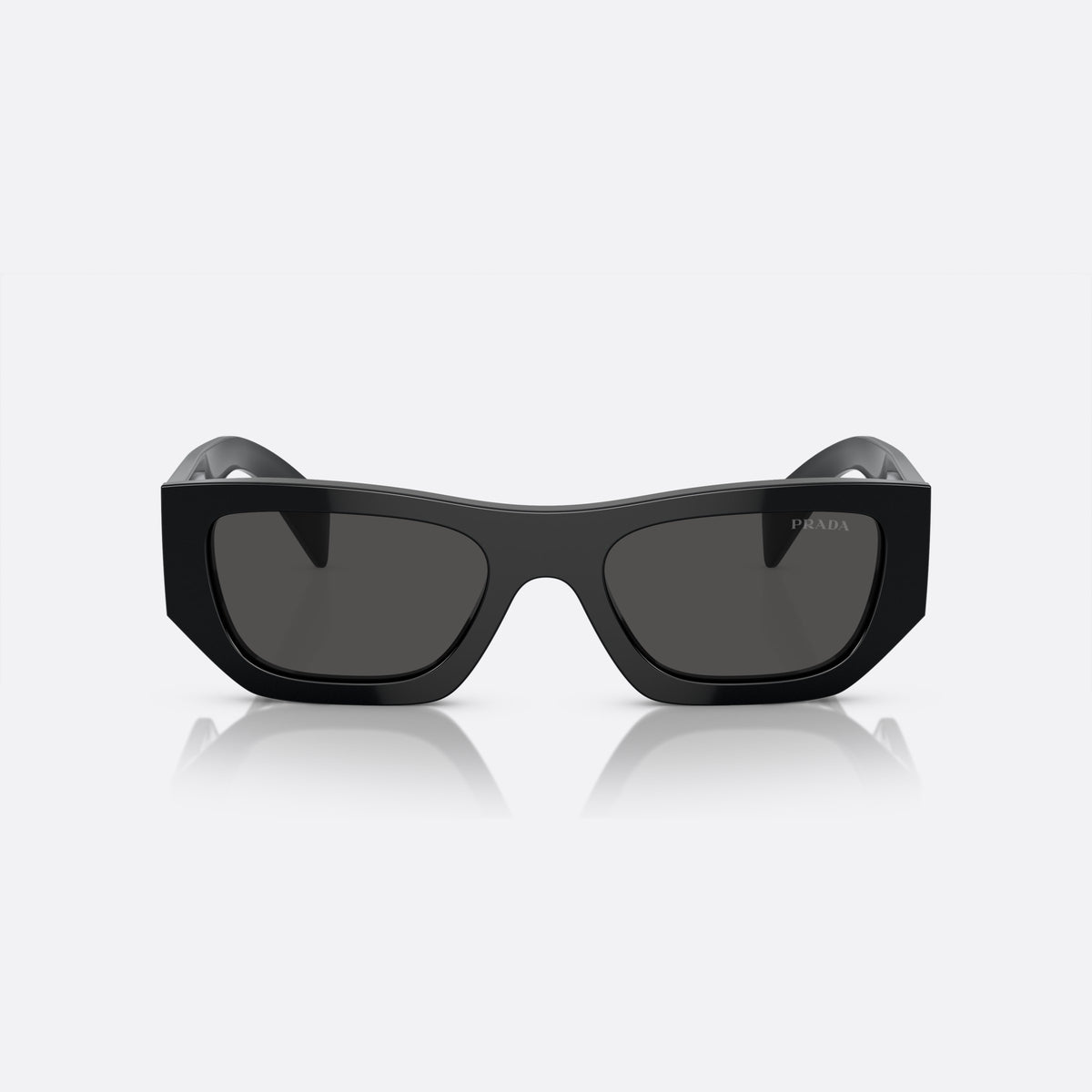 Prada PR A01S 53 sunglasses, black pillow frame, unisex, plain bridge, brand logo on temple, wide tapered temples, front view
