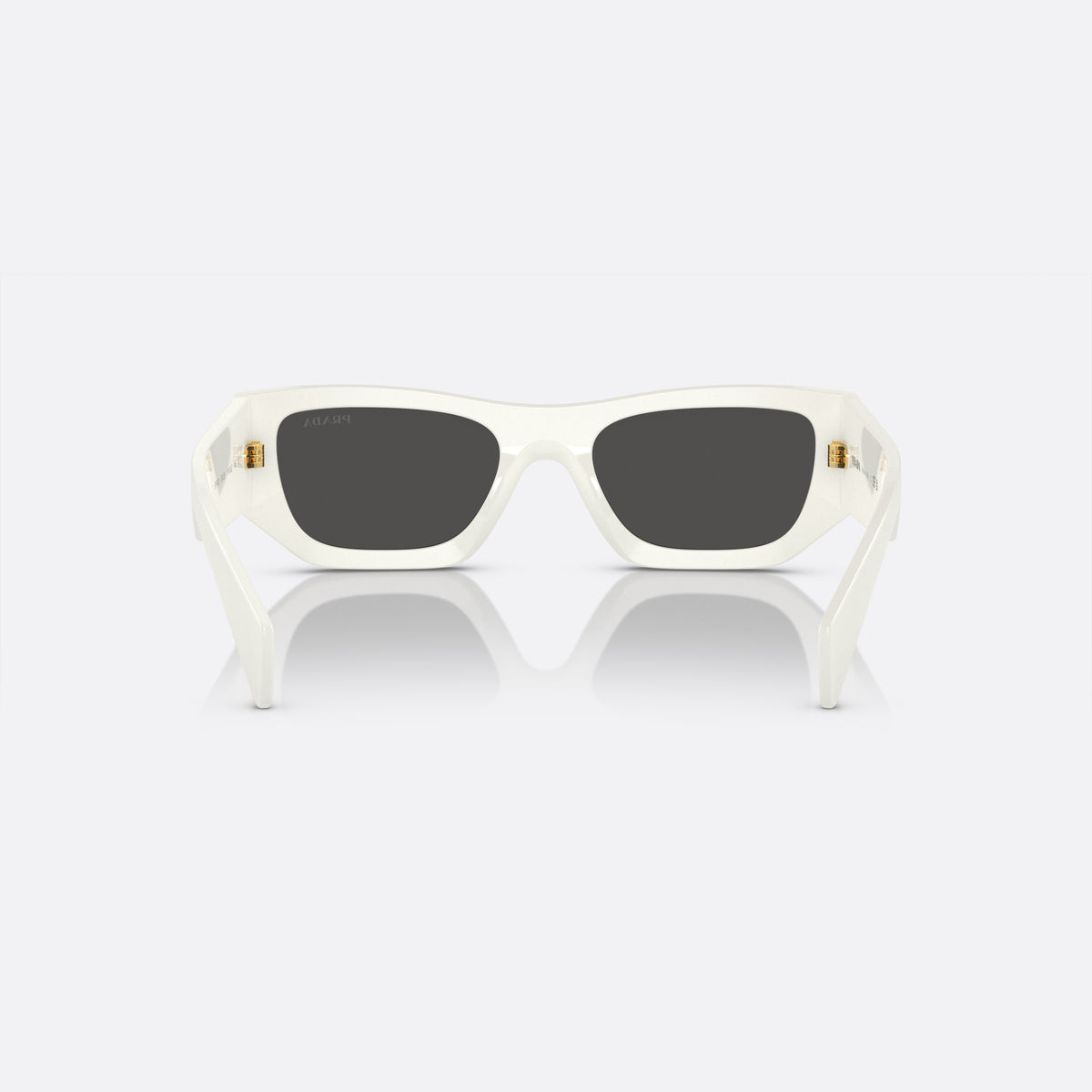 Prada PR A01S 53 sunglasses, white pillow frame, unisex, plain bridge, brand lettering on temple, full-rim, back view